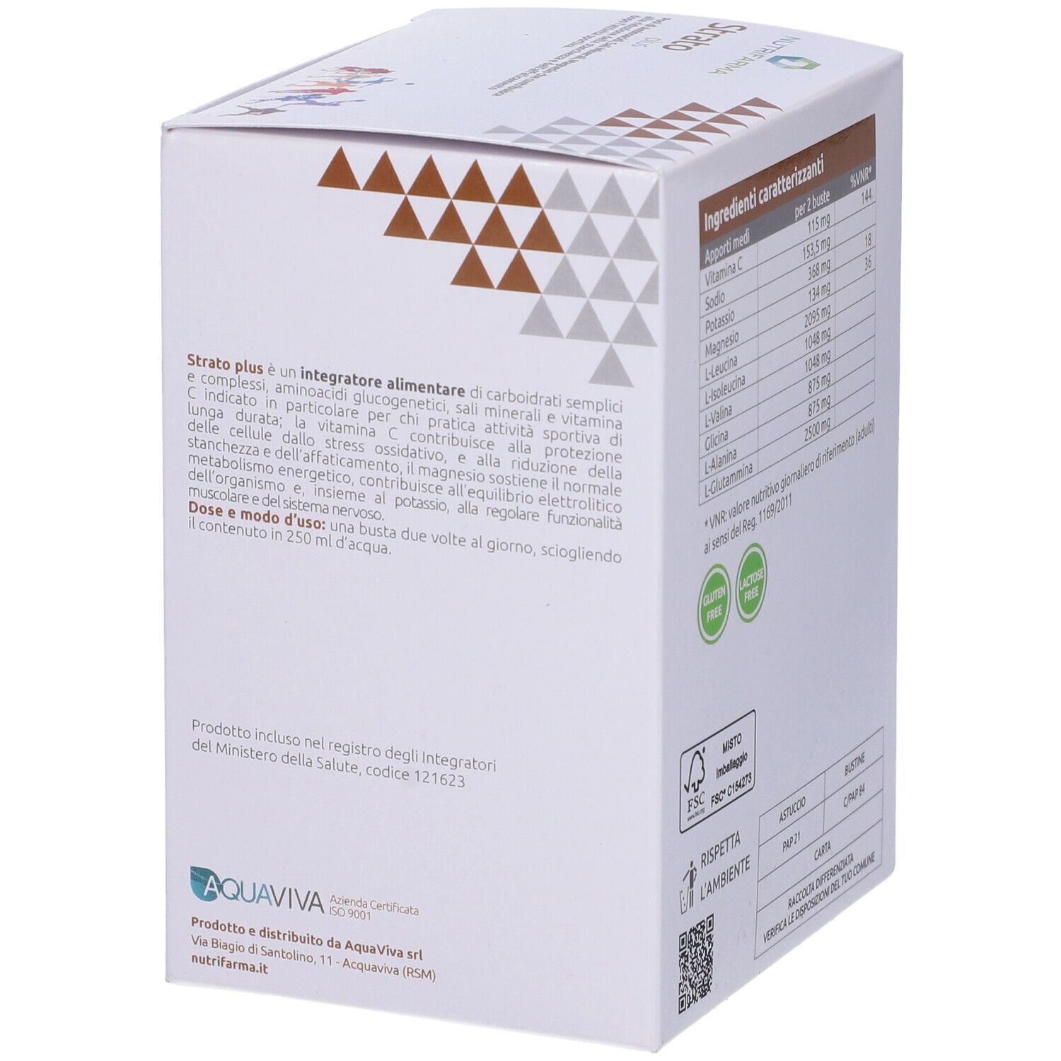 Scatola bianca, lato con ingredienti, logo Aquaviva, indicazione registrazione Ministero della Salute.