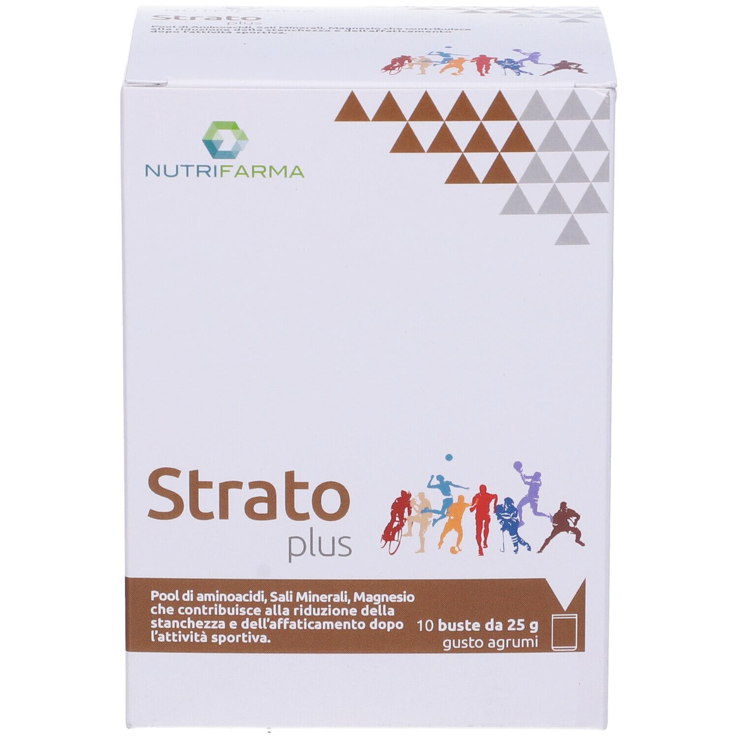 Scatola bianca con scritta: STRATO plus, logo Nutrifarma, 10 bustine, illustrazione sportiva.