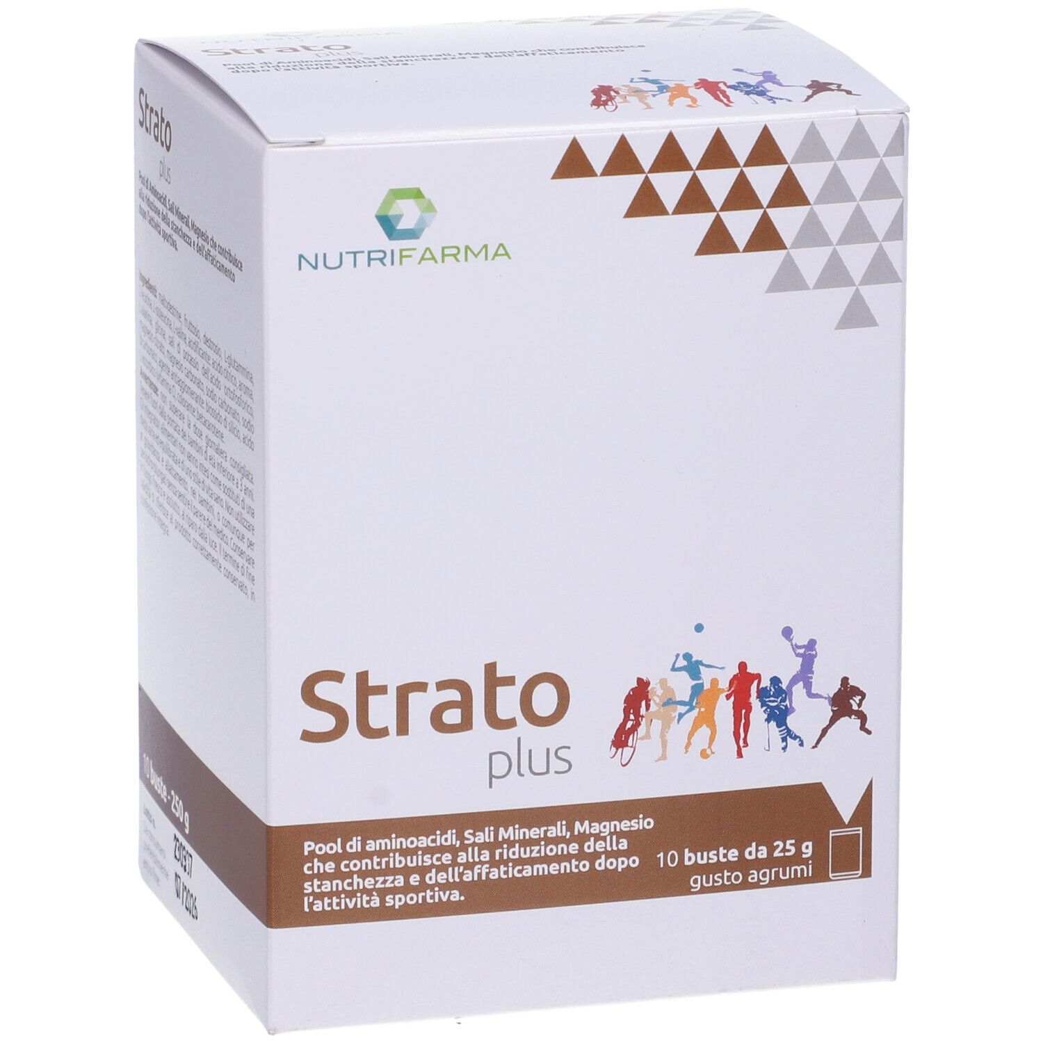 Scatola bianca con scritta: STRATO plus, logo Nutrifarma, 10 bustine, illustrazione sportiva.
