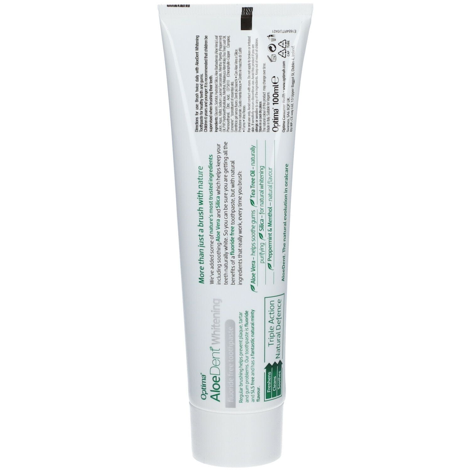 Retro del tubo di dentifricio Optima AloeDent Whitening. Testo: Ingredienti, Triple Action, 100ml.