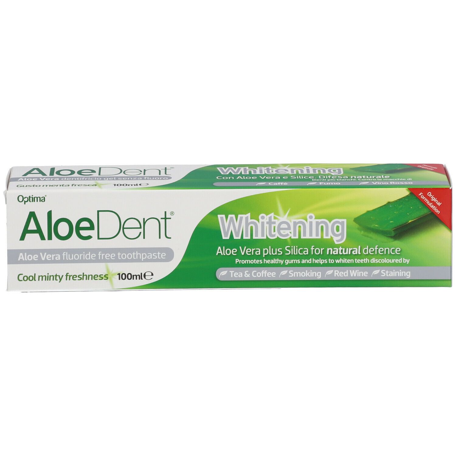 Scatola di dentifricio Optima AloeDent Whitening. Design verde e bianco. Testo: Whitening, Aloe Vera plus Silica, 100ml.