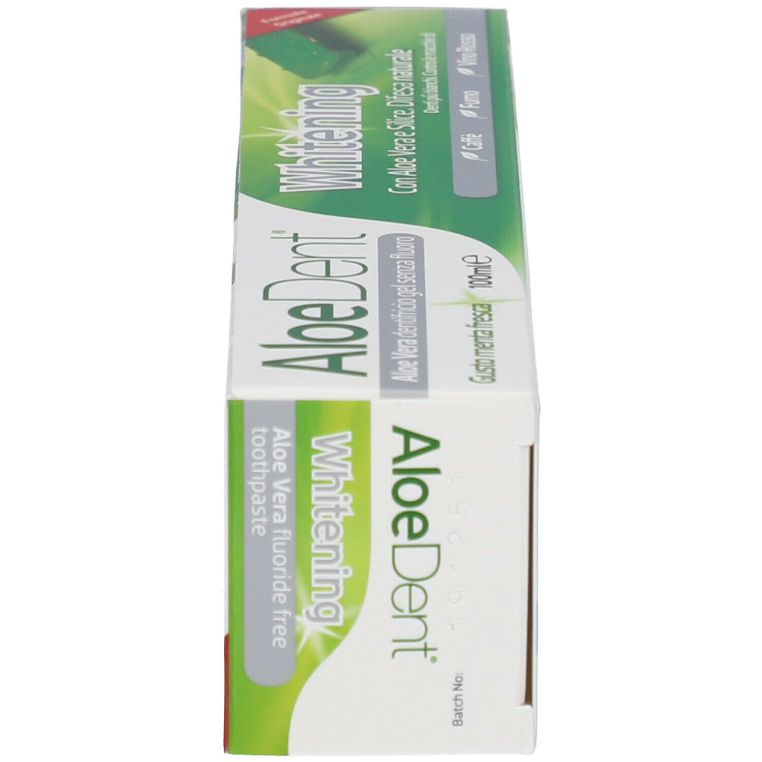 Scatola di dentifricio Optima AloeDent Whitening, vista laterale. Testo: Whitening, Aloe Vera, 100ml.
