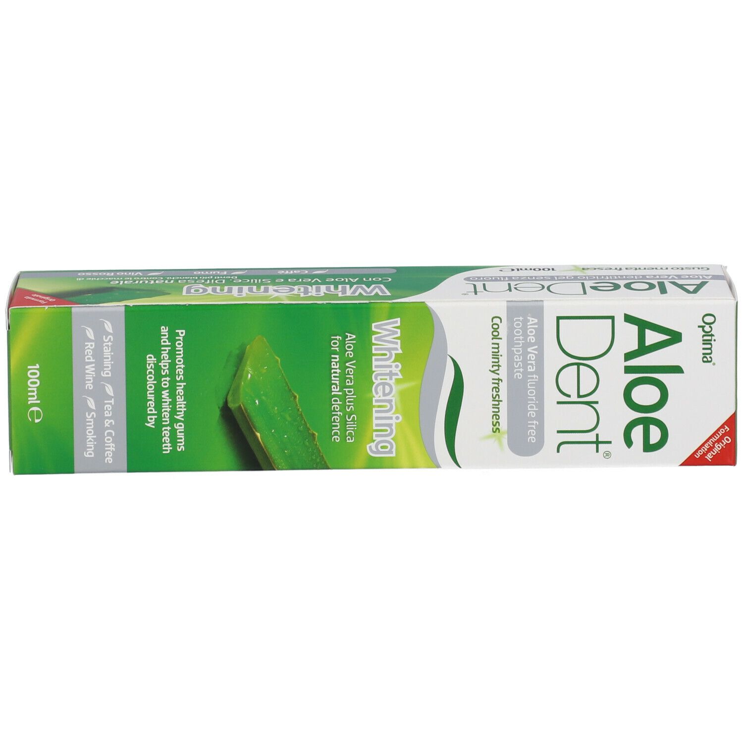 Scatola di dentifricio Optima AloeDent Whitening. Testo: Whitening, Aloe Vera plus Silica, 100ml.