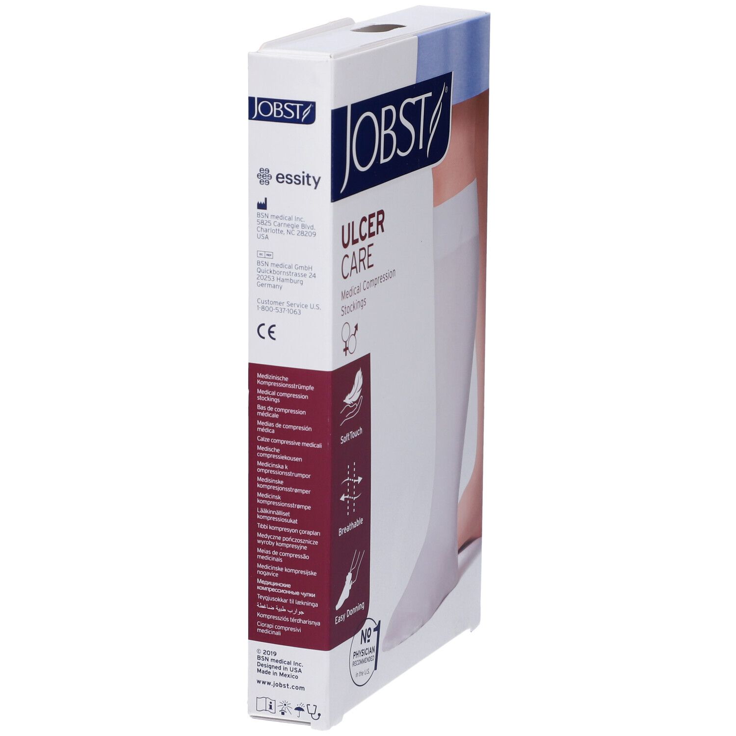 Jobst Ulcercare calze a compressione. Confezione con informazioni sul prodotto. Marchio CE. Gamba di calza bianca visibile.