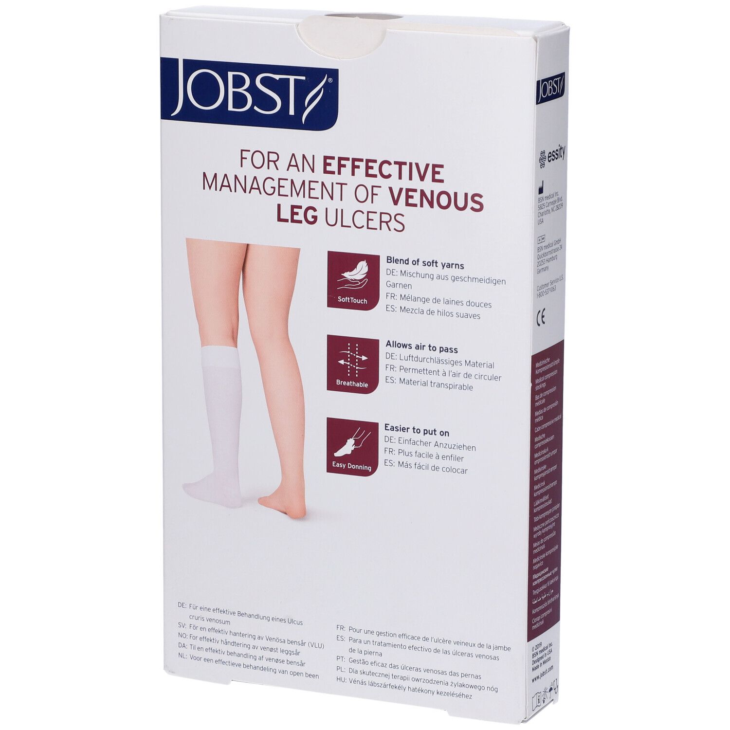 Retro della confezione Jobst Ulcercare. Testo: Per una gestione efficace delle ulcere venose della gamba. Illustrazione di una gamba.