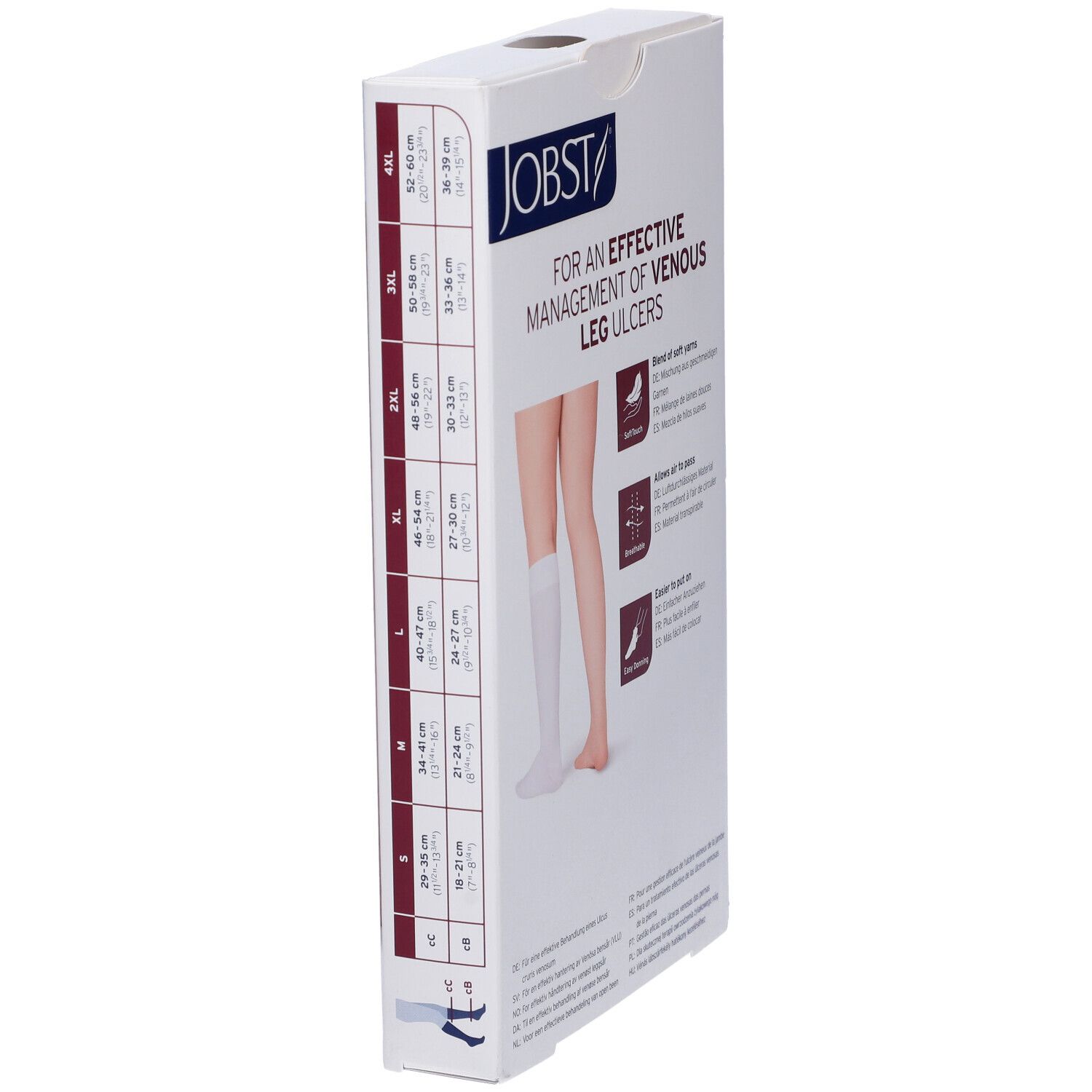Confezione Jobst Ulcercare con tabella taglie. Illustrazione di una gamba. Indicazioni taglie in cm e pollici.