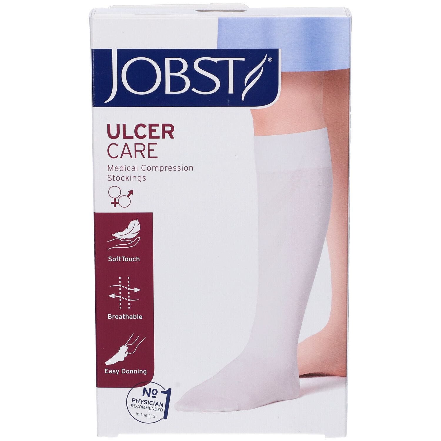 Jobst Ulcercare calze a compressione medicali in confezione. Gamba di calza bianca visibile. Scritte: Softtouch, traspirante, facile da indossare.