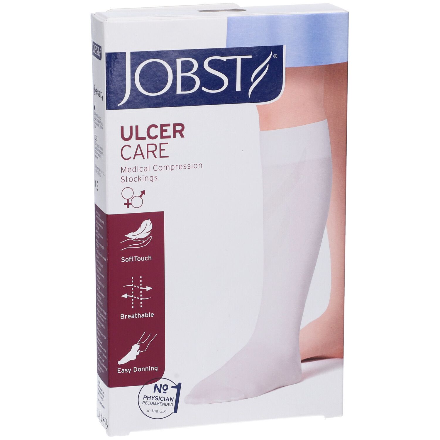 Jobst Ulcercare calze a compressione medicali in confezione. Gamba di calza bianca visibile. Scritte: Softtouch, traspirante, facile da indossare.