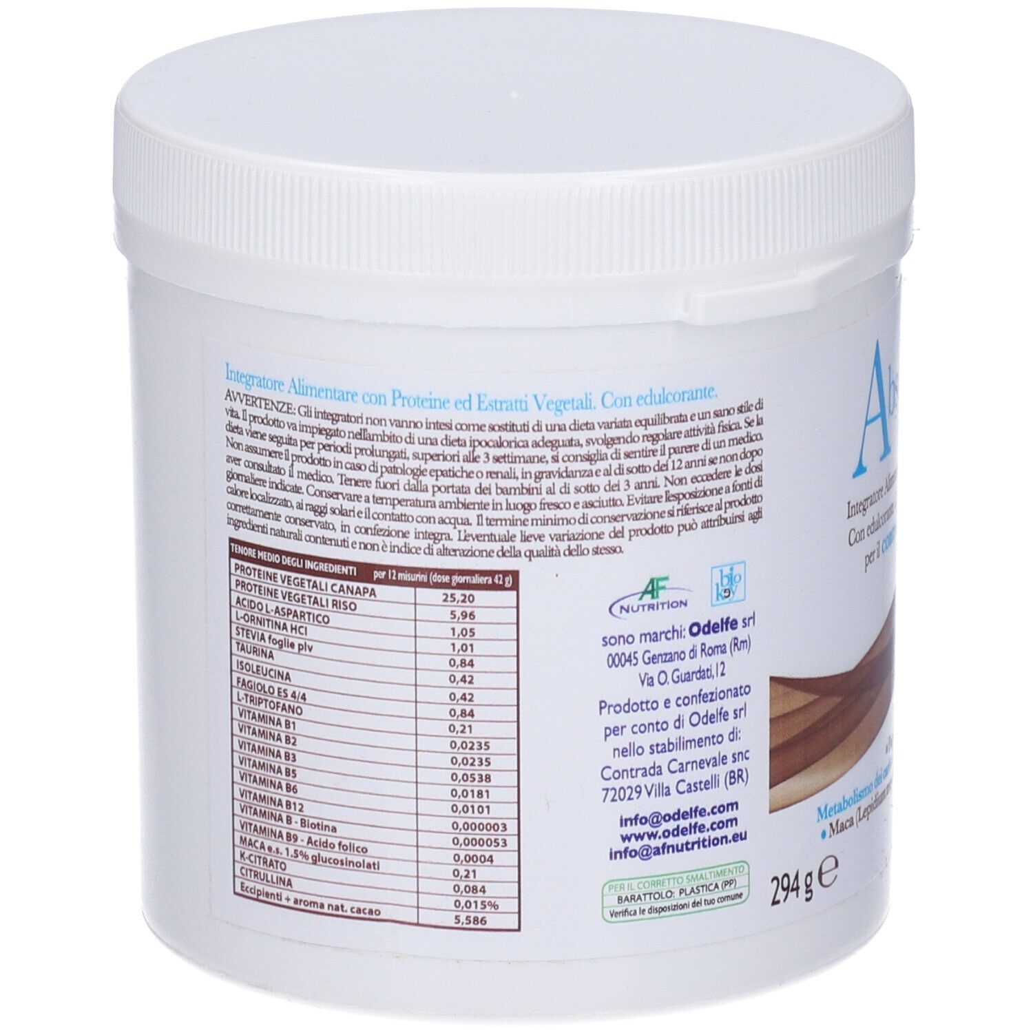 Retro di un contenitore cilindrico bianco. Contiene informazioni sugli ingredienti e tabella nutrizionale. Con loghi e testo.