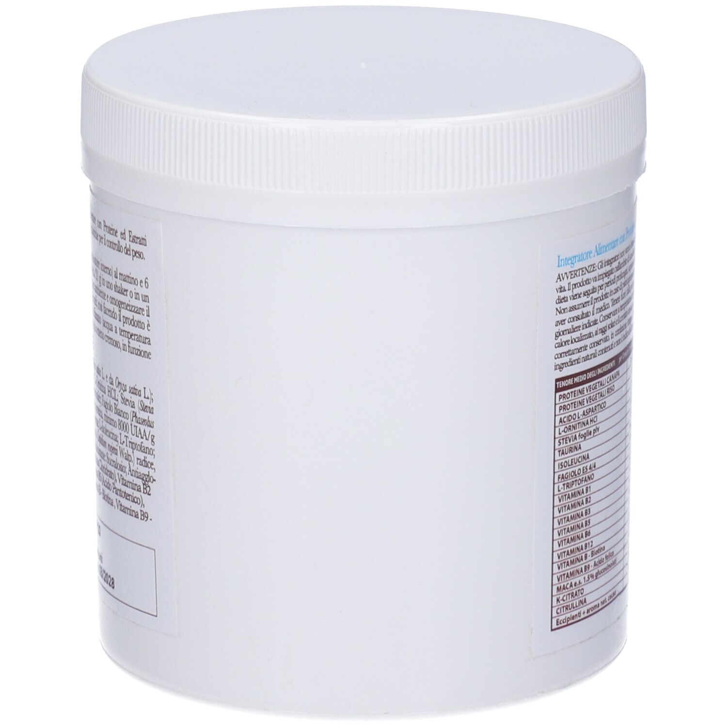 Contenitore cilindrico bianco con coperchio bianco. Testo e loghi visibili sul lato.