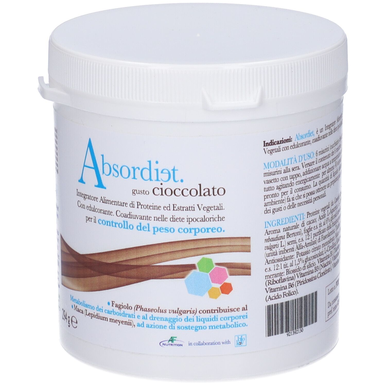 Contenitore cilindrico bianco con etichetta blu. Scritta: Absordiet Cioccolato. Contiene 294g. Con informazioni e loghi.