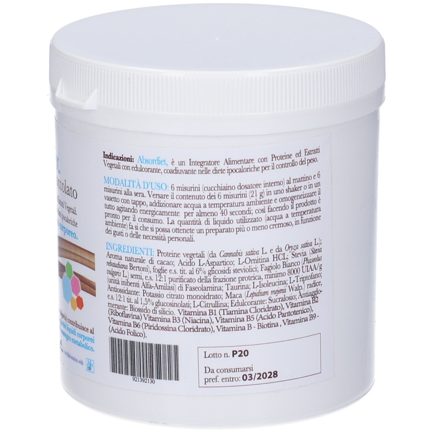 Contenitore cilindrico bianco con etichetta blu. Scritta: Absordiet Cioccolato. Con informazioni e loghi.