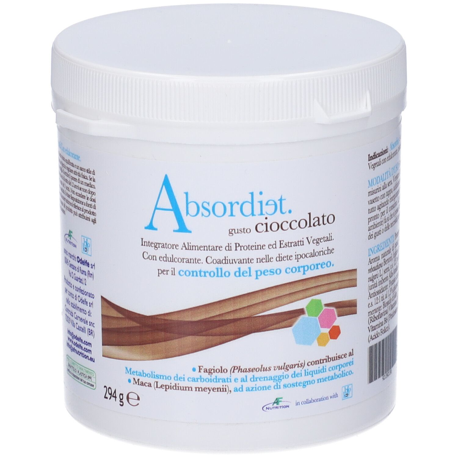 Contenitore cilindrico bianco con etichetta blu. Scritta: Absordiet Cioccolato. Contiene 294g. Con informazioni e loghi.