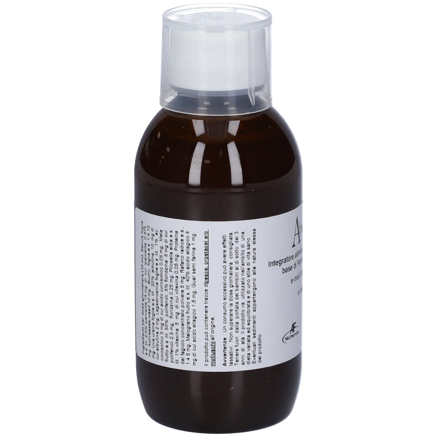 Liquido marrone in bottiglia con tappo bianco. Etichetta con testo. Vista posteriore della bottiglia.