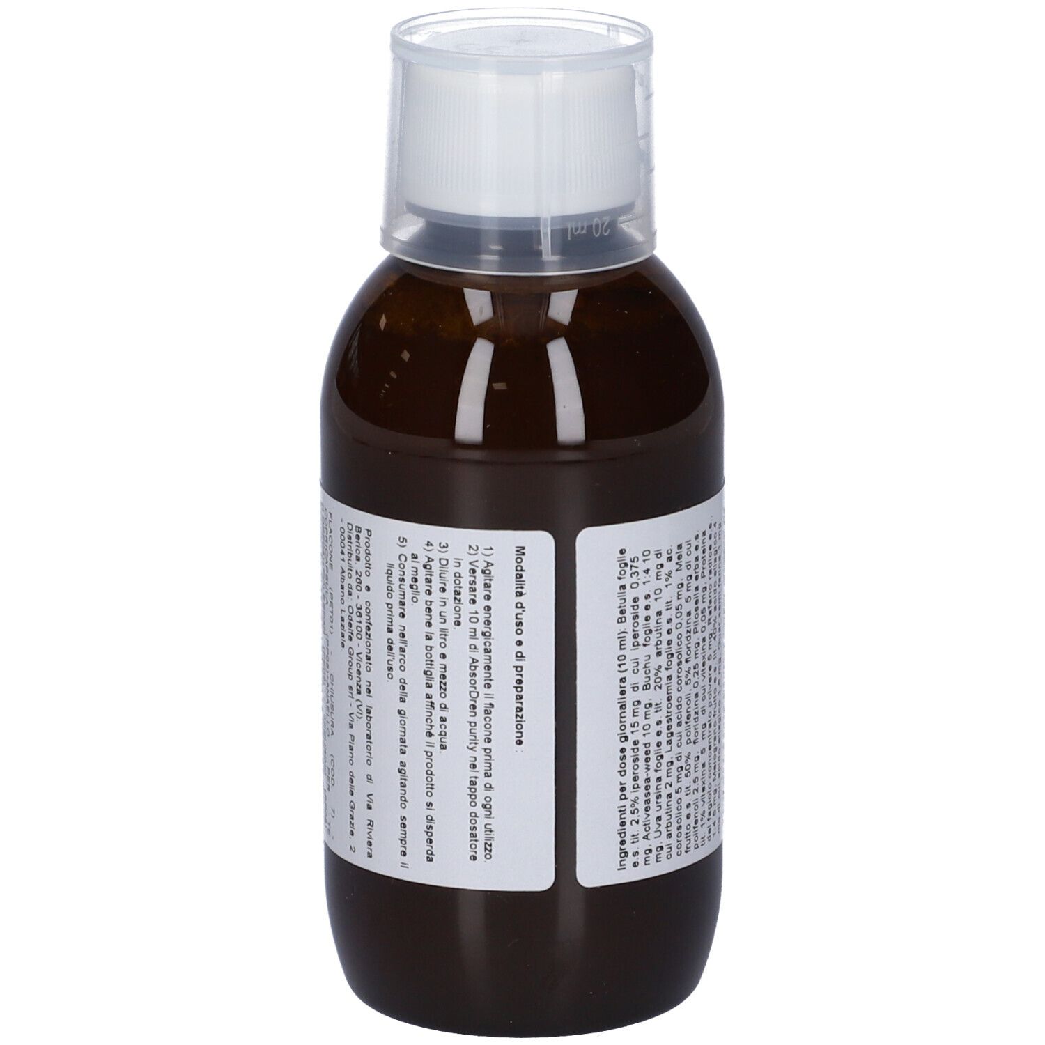 Liquido marrone in bottiglia con tappo bianco. Etichetta con testo. Vista posteriore della bottiglia.