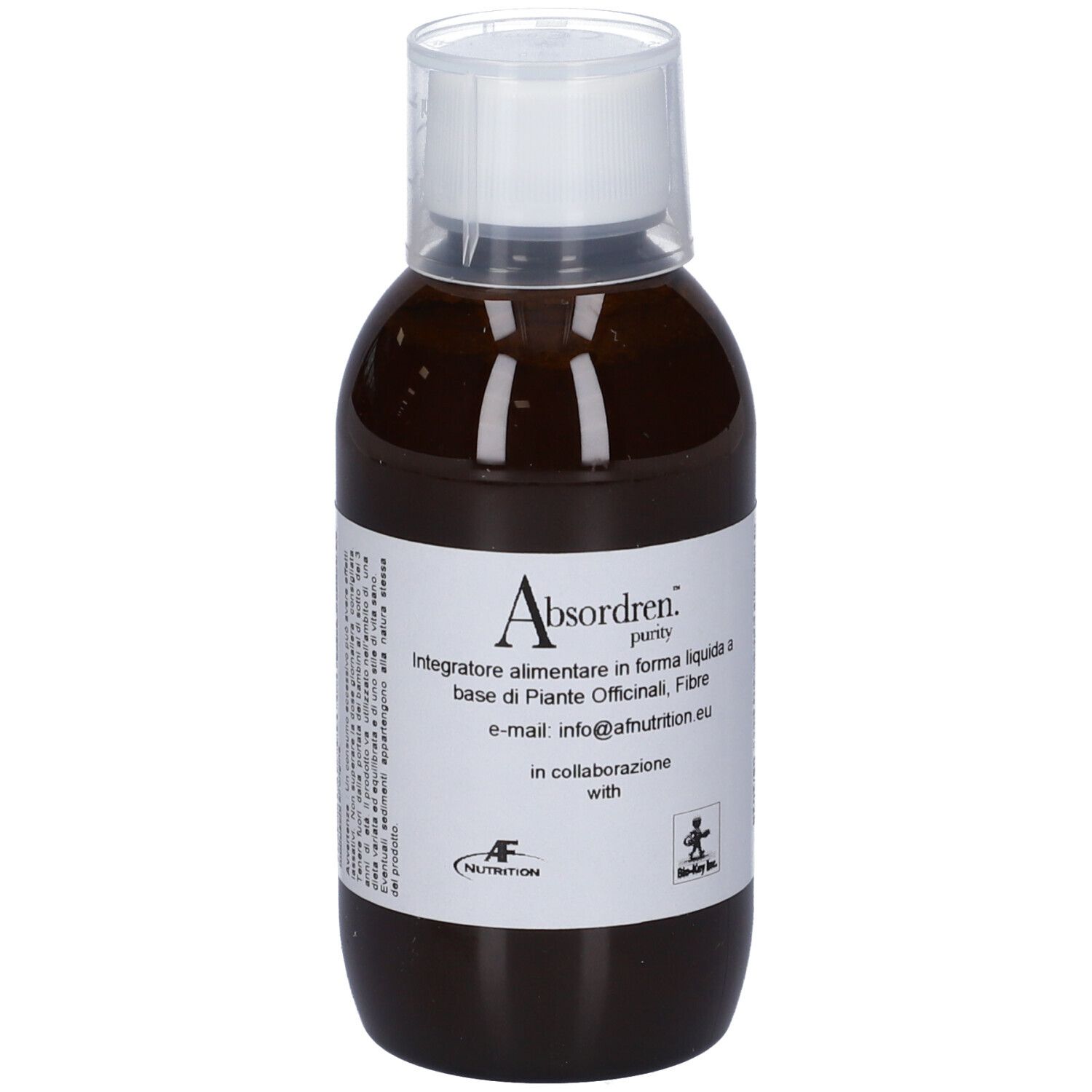 Liquido marrone in bottiglia con tappo bianco. Etichetta con nome e testo del prodotto. Logo AF Nutrition.