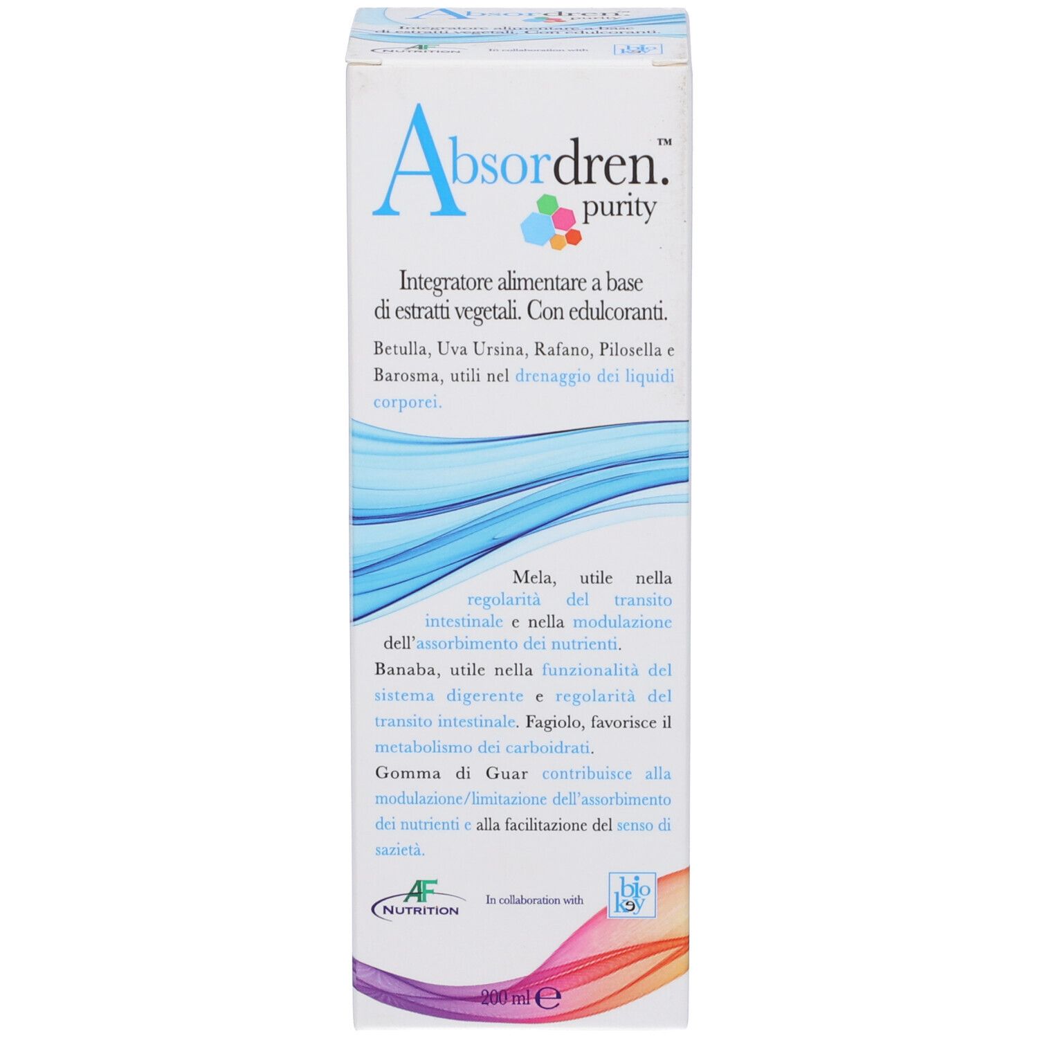 Confezione del prodotto. Scatola bianca con nome e testo del prodotto. Indicazione di 200 ml.