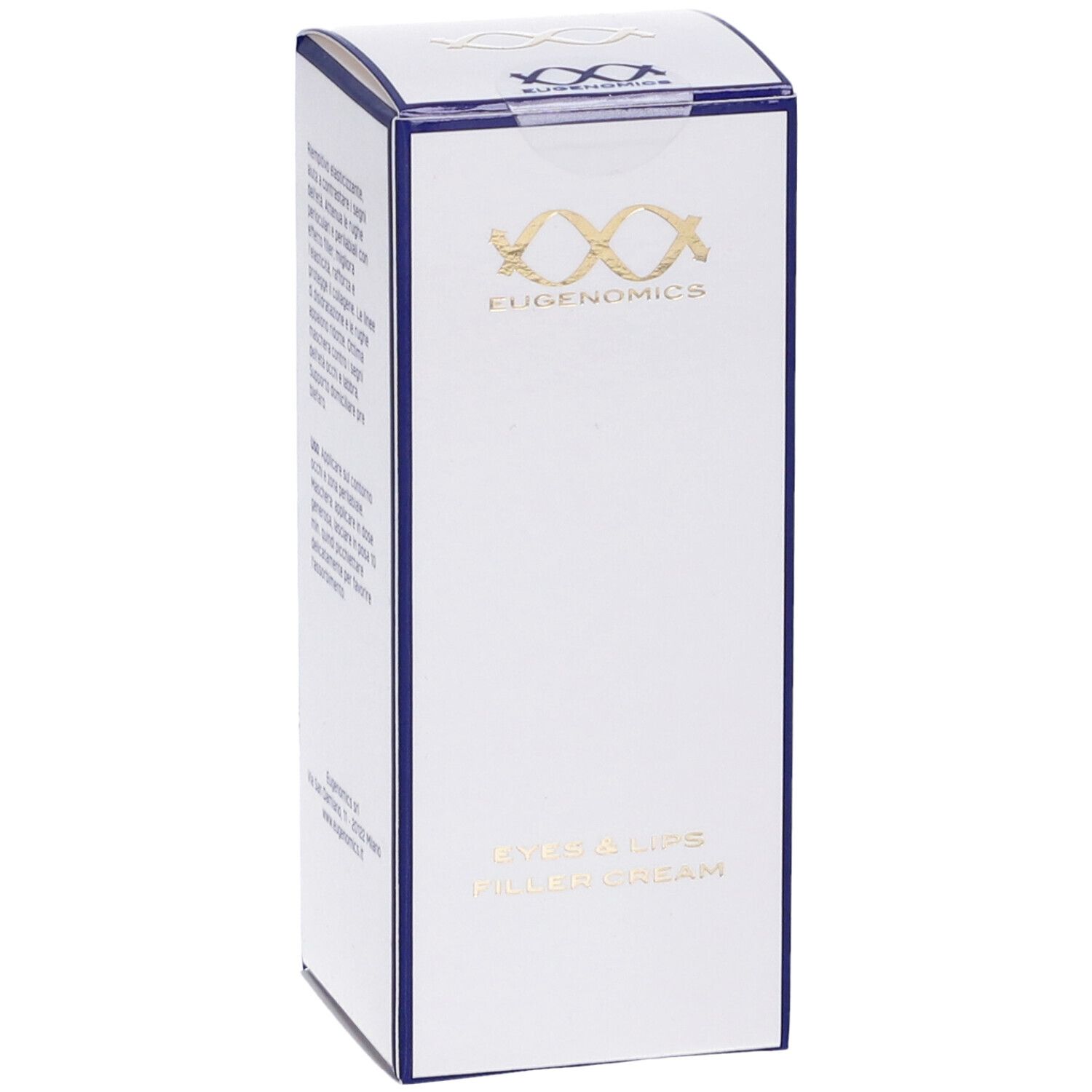 Confezione bianca con bordi blu. Scritta: EUGENOMICS, Eyes & Lips Filler Cream. Logo.