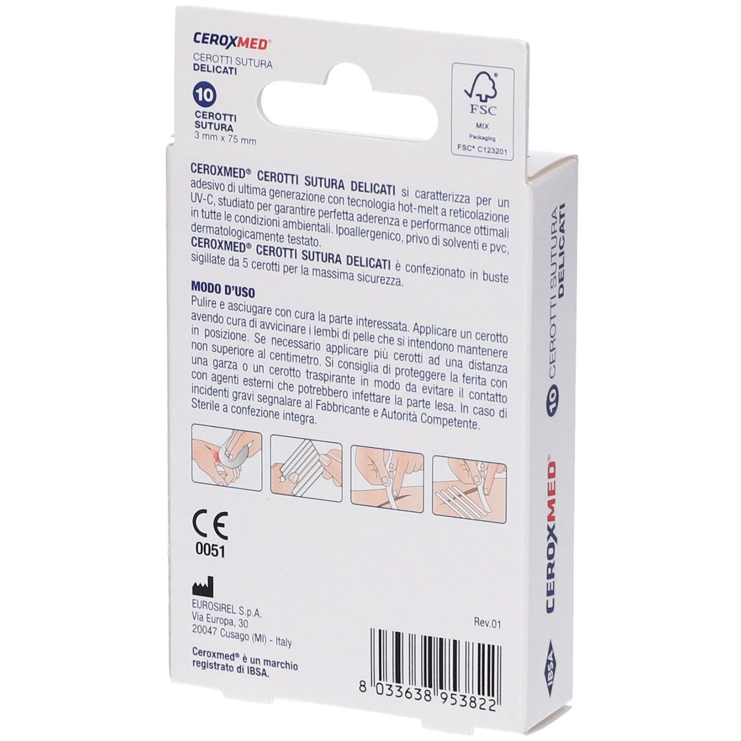 Retro della confezione Ceroxmed Cerotto Per Sutura. Contiene testo, istruzioni e pittogrammi. Mostra 10 cerotti, 3x75mm.