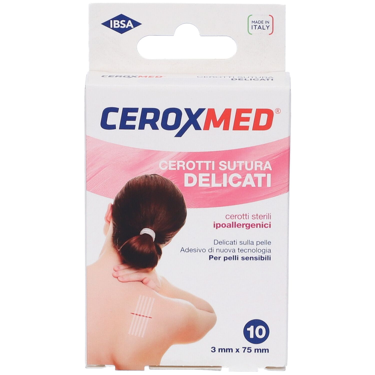Fronte della confezione Ceroxmed Cerotto Per Sutura. Mostra una donna con una linea sulla schiena. Contiene 10 cerotti, 3x75mm.