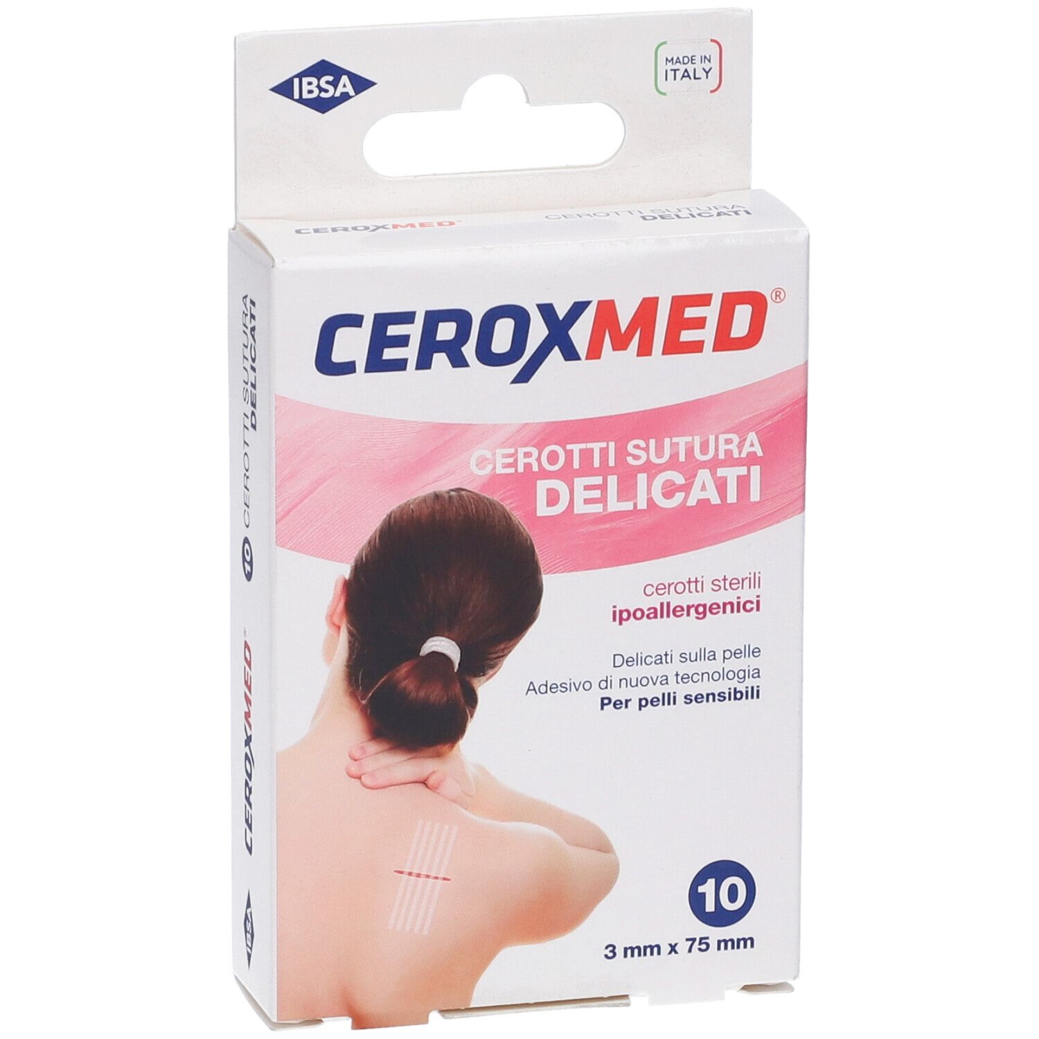 Fronte della confezione Ceroxmed Cerotto Per Sutura. Mostra una donna con una linea sulla schiena. Contiene 10 cerotti, 3x75mm.