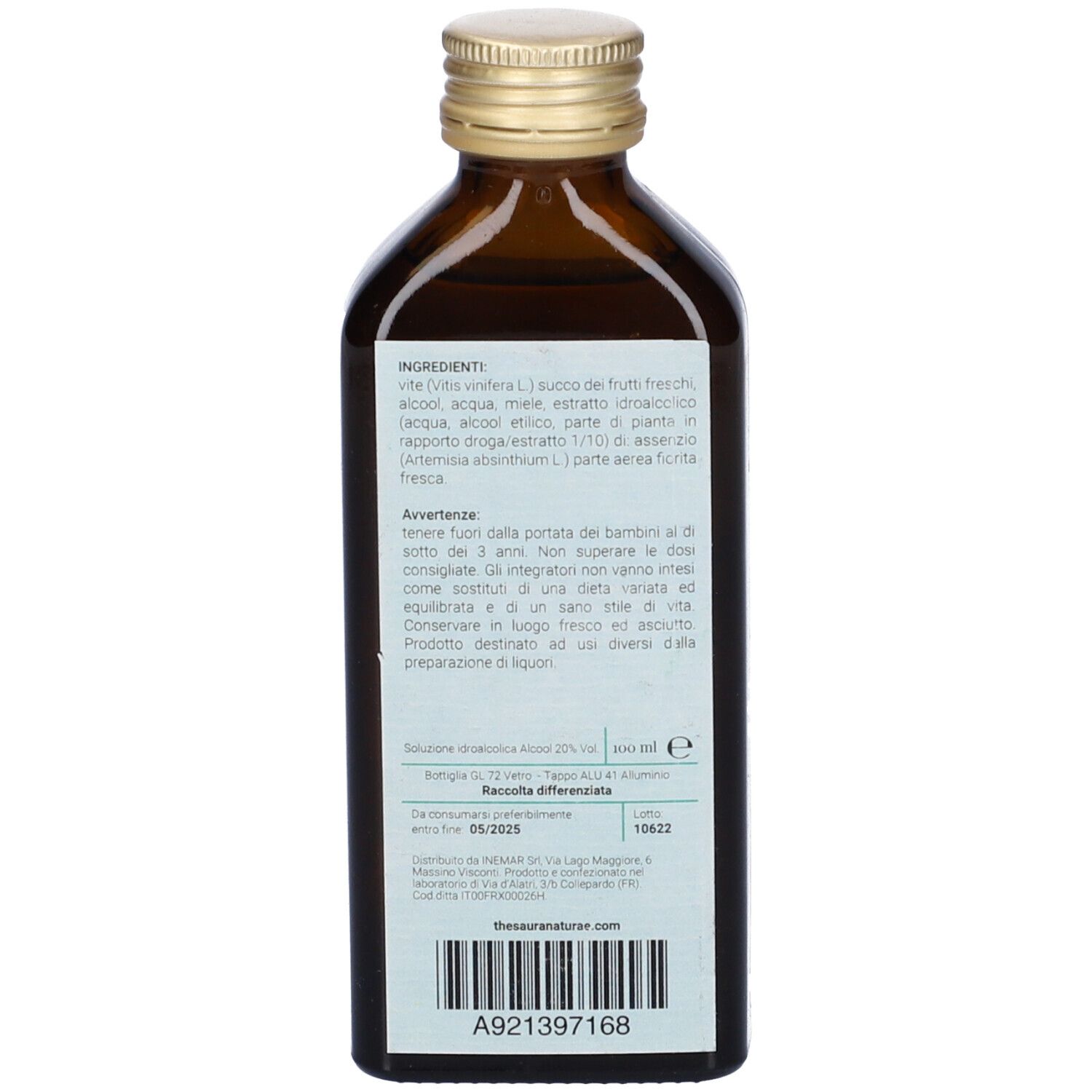 Retro di una bottiglia di vetro marrone con etichetta. Elenco ingredienti e avvertenze.