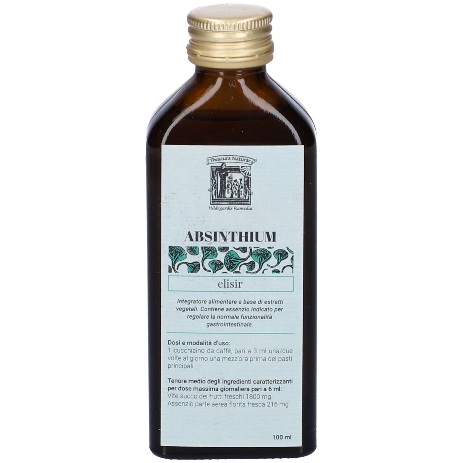 Bottiglia di vetro marrone con tappo dorato ed etichetta. Scritta: ABSINTHIUM elisir.