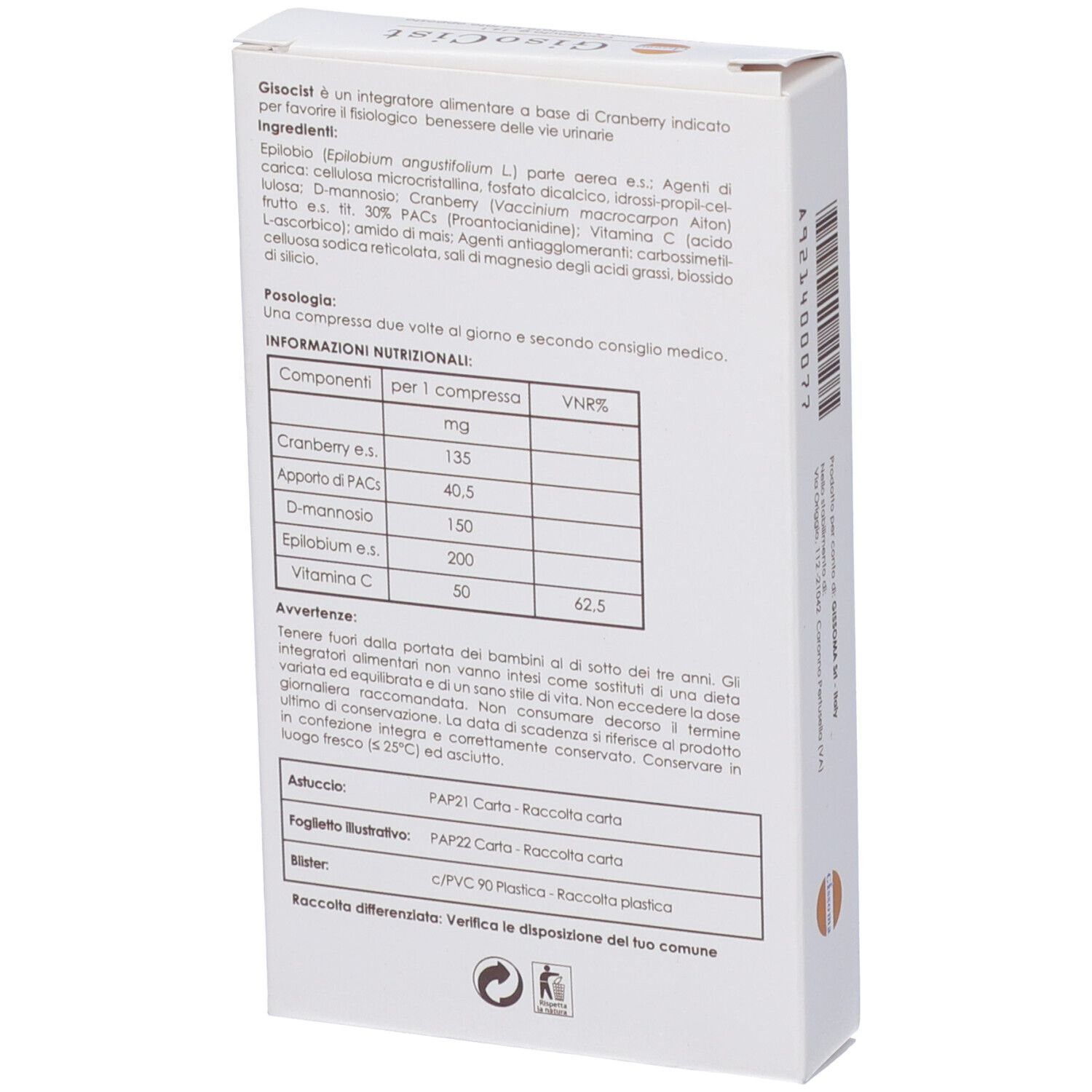 Retro della scatola bianca. Testo con ingredienti e informazioni nutrizionali. Marchio: GisoCist.