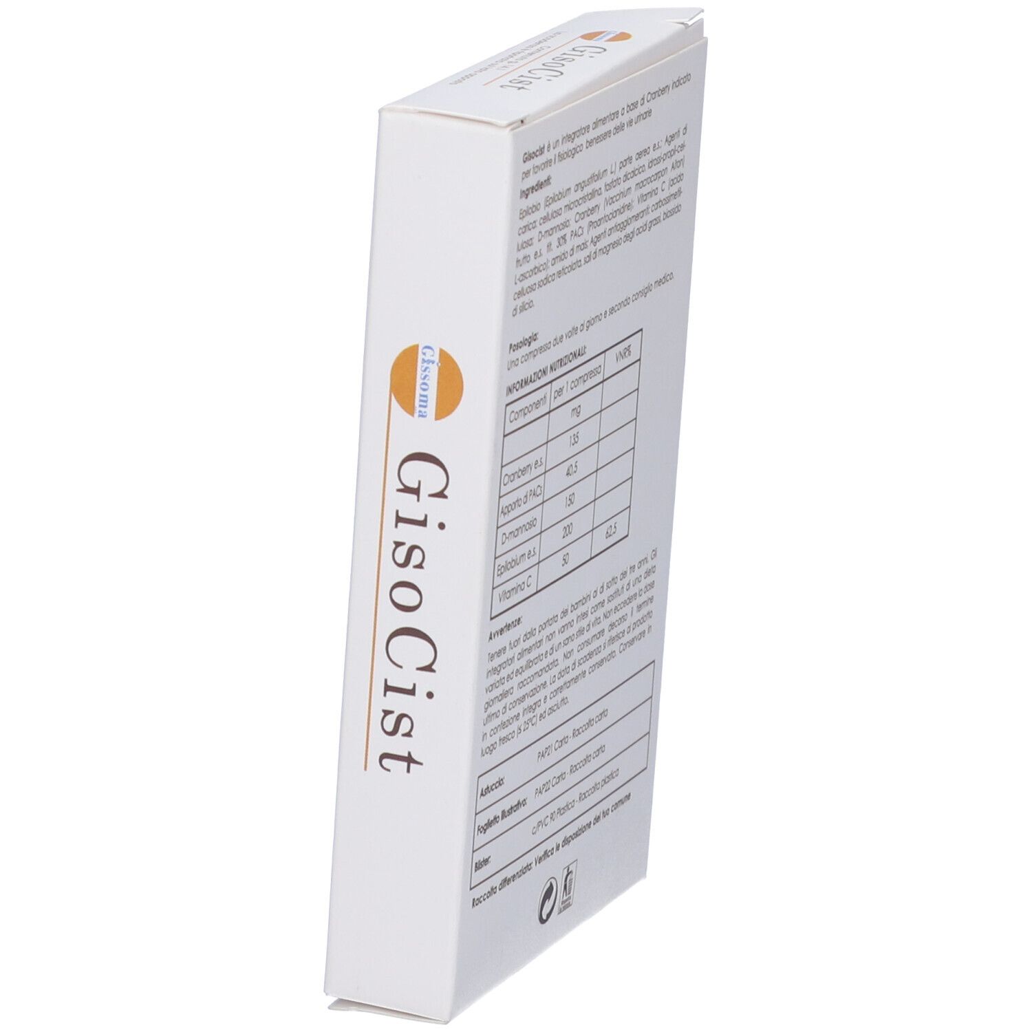 Scatola bianca in diagonale. Scritto: GisoCist. Marchio: Gissoma. Testo con ingredienti e informazioni nutrizionali.