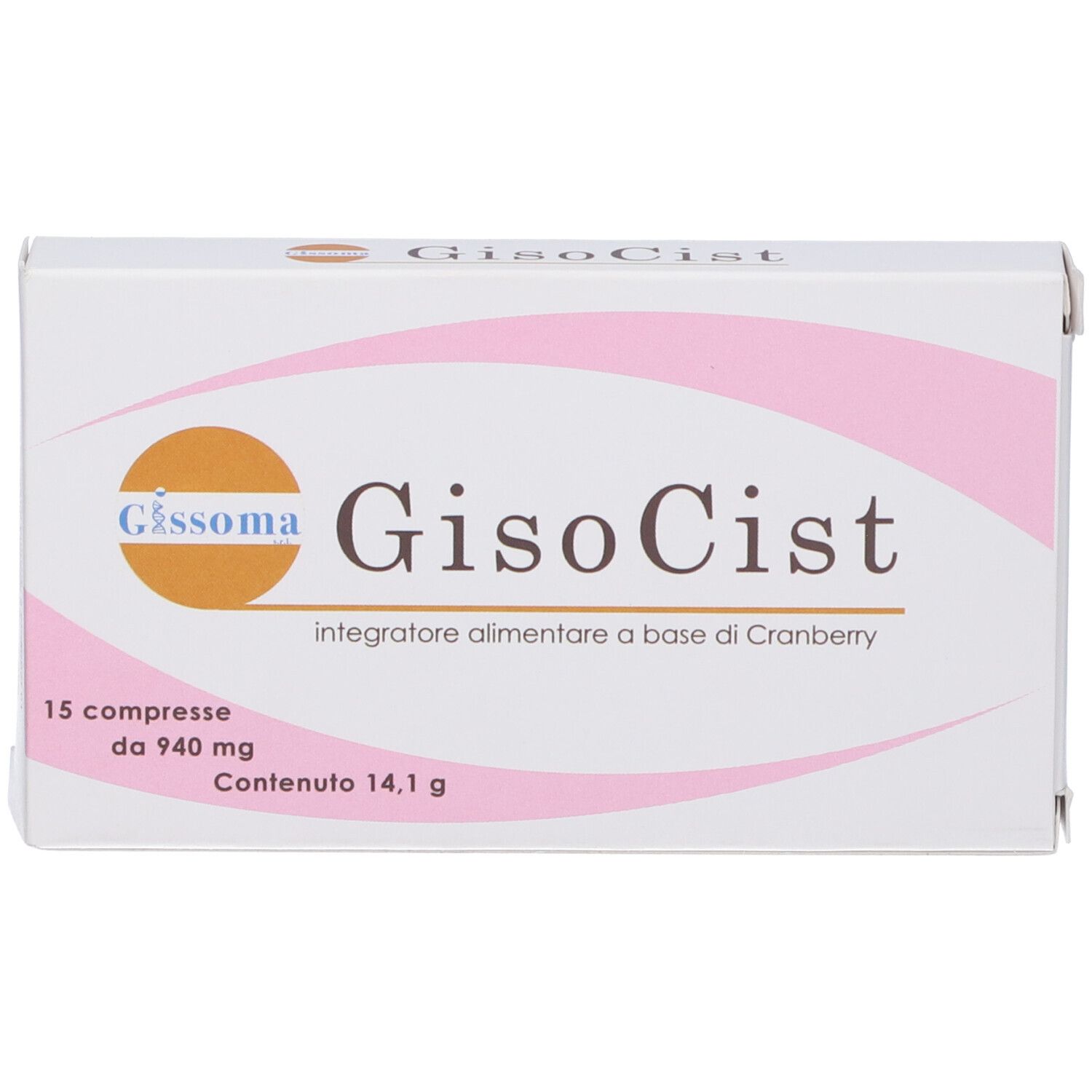 Scatola bianca con dettagli rosa. Scritto: GisoCist, 15 compresse, da 940 mg, Contenuto 14,1 g. Marchio: Gissoma.
