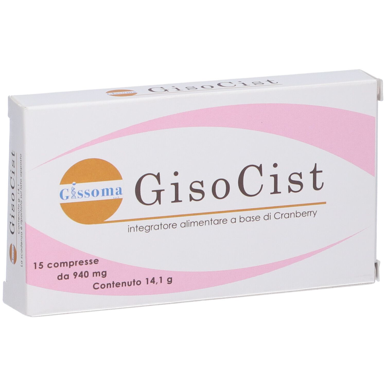 Scatola bianca con dettagli rosa. Scritto: GisoCist, 15 compresse, da 940 mg, Contenuto 14,1 g. Marchio: Gissoma.