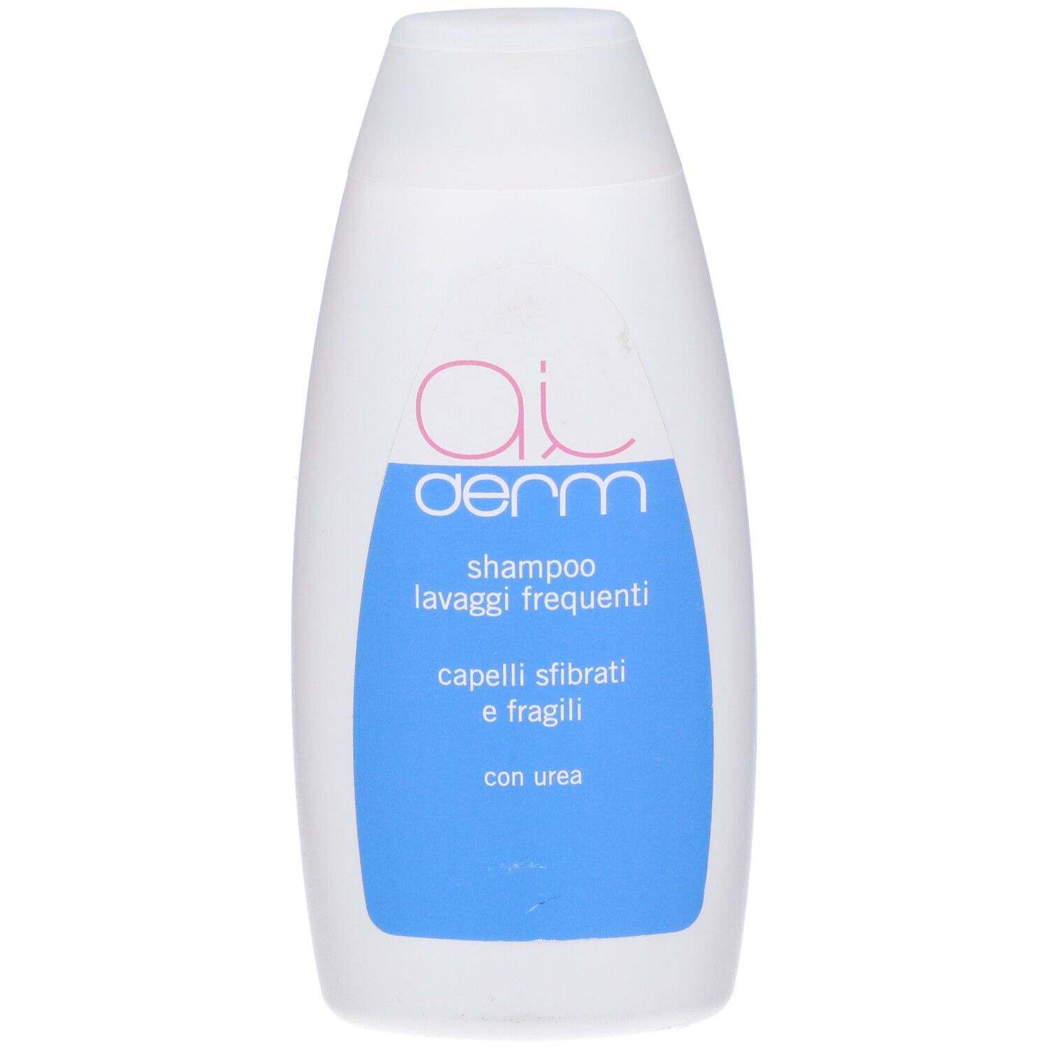 Flacone di shampoo bianco. Scritta: Aiderm, Shampoo Lavaggi Frequenti, Capelli sfibrati e fragili, con urea.