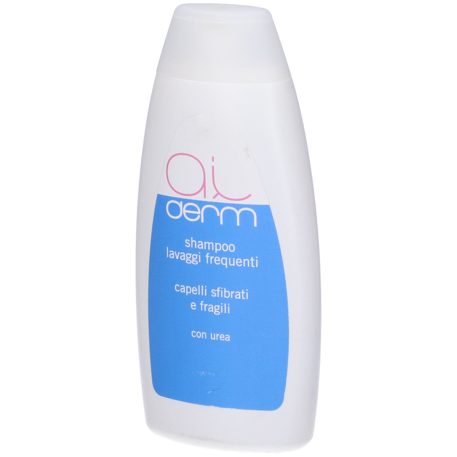 Flacone di shampoo bianco. Scritta: Aiderm, Shampoo Lavaggi Frequenti, Capelli sfibrati e fragili, con urea.
