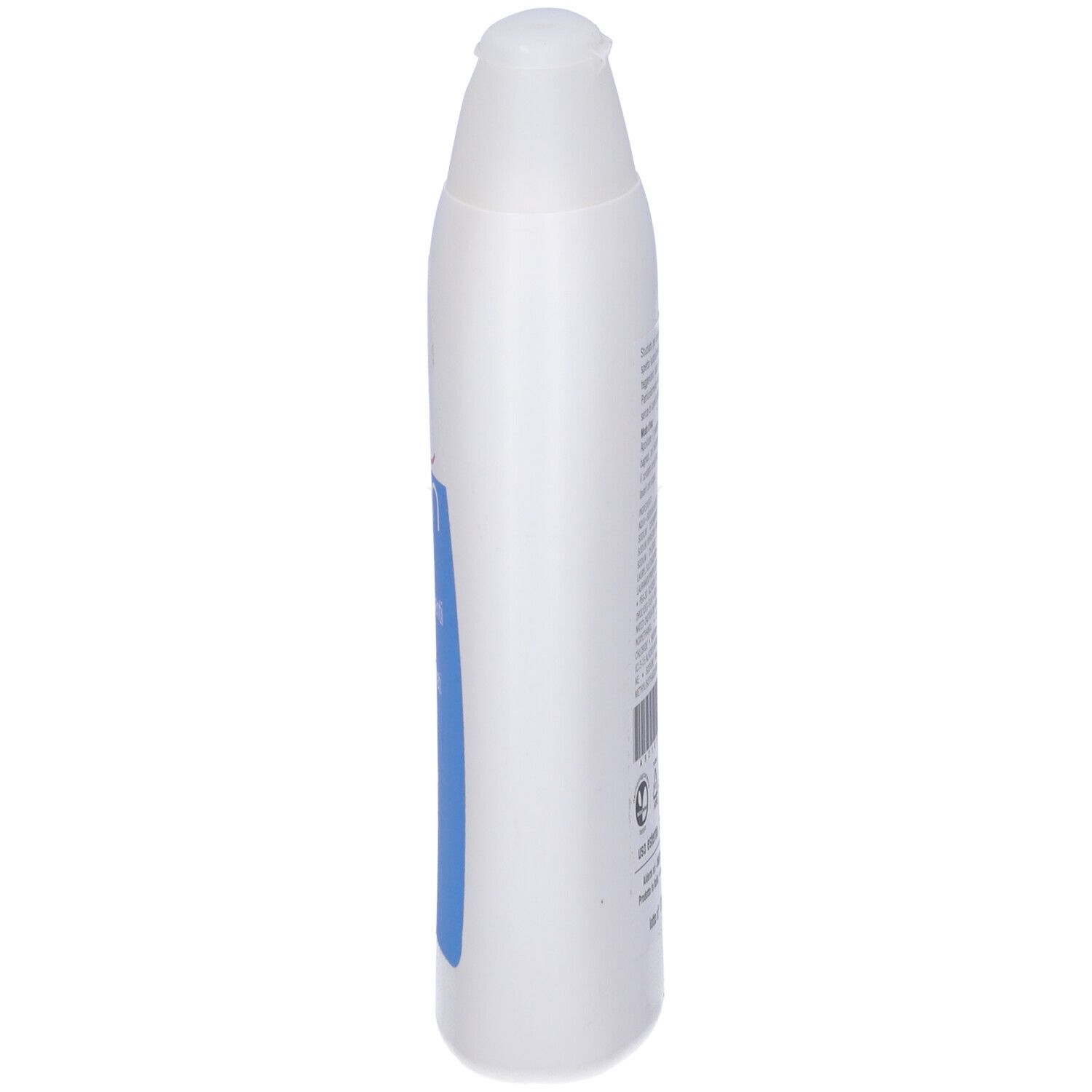Flacone di shampoo bianco, vista laterale. Scritta: Aiderm, Shampoo Lavaggi Frequenti, Capelli sfibrati e fragili, con urea.