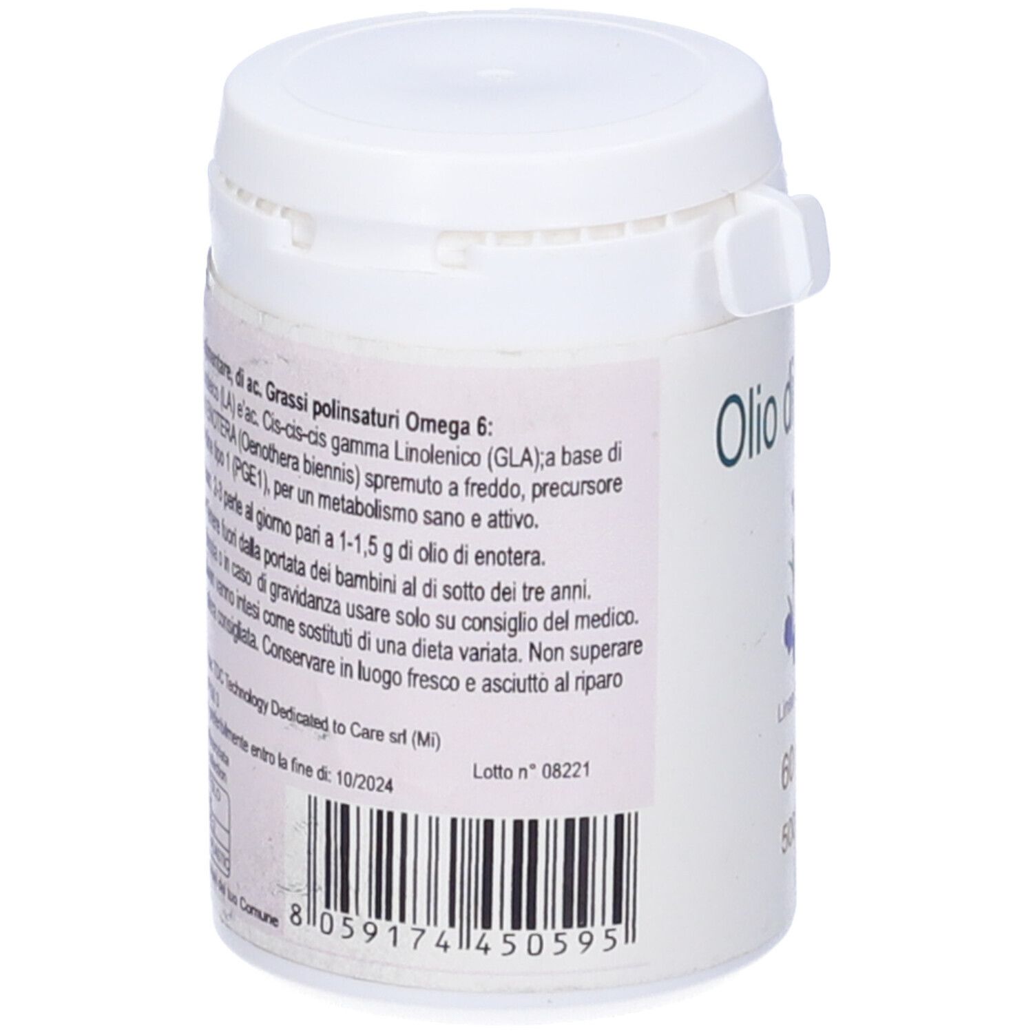 Contenitore Olio di Enotera. Testo: 6 ac. Grassi polinsaturi Omega 6. Ingredienti, numero di lotto, codice a barre.