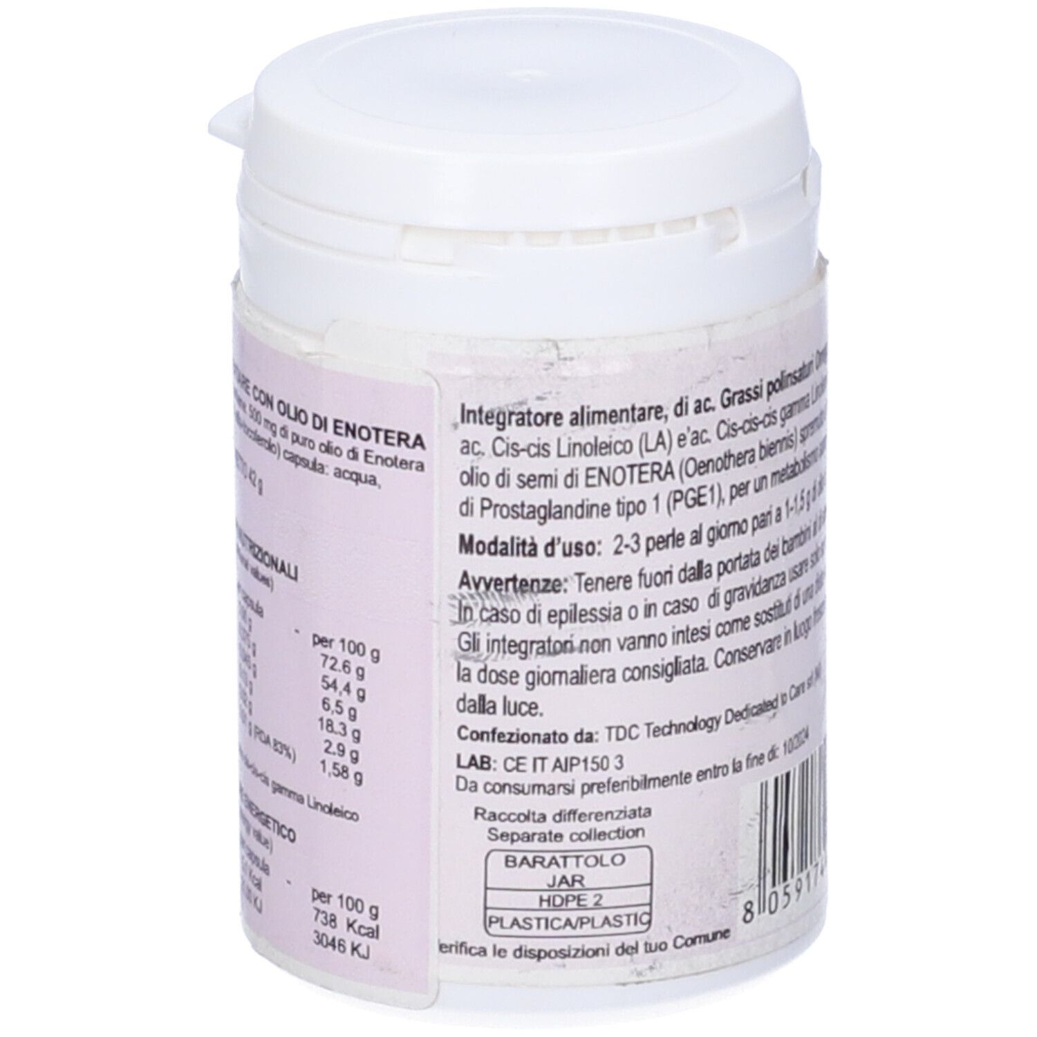Contenitore Olio di Enotera. Testo: Integratore alimentare, informazioni nutrizionali, codice a barre, Barattolo Jar.