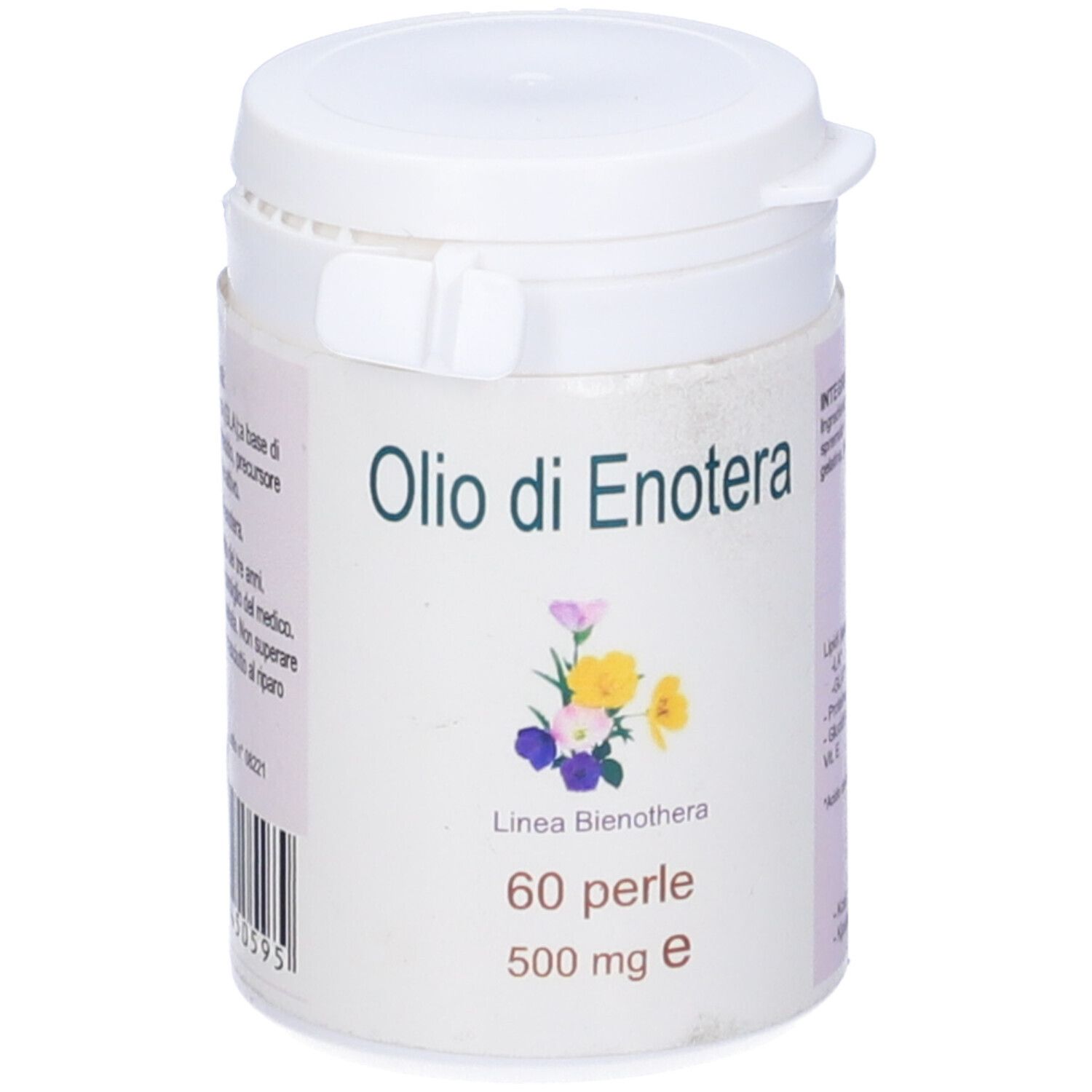 Contenitore bianco in plastica con etichetta Olio di Enotera. 60 perle, 500 mg. Illustrazione floreale.