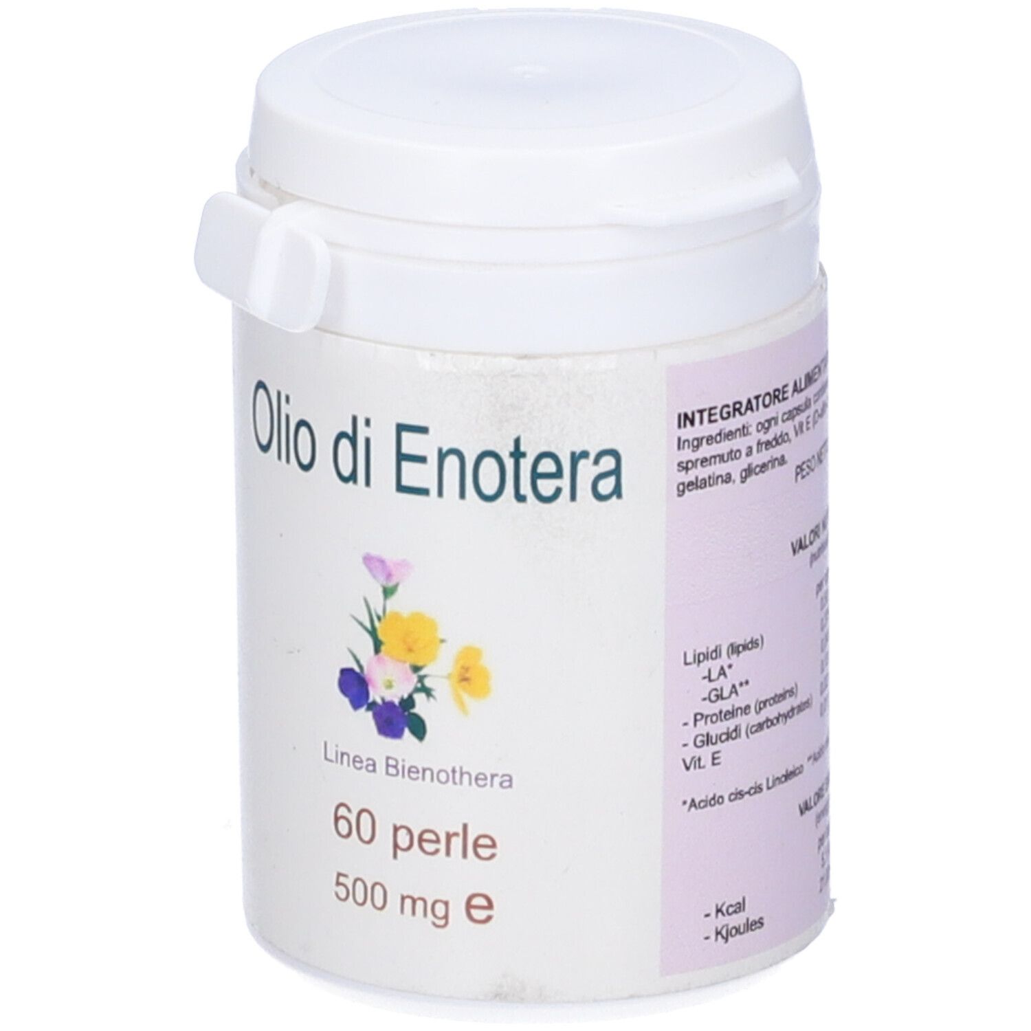 Contenitore bianco in plastica con etichetta Olio di Enotera. 60 perle, 500 mg. Illustrazione floreale.
