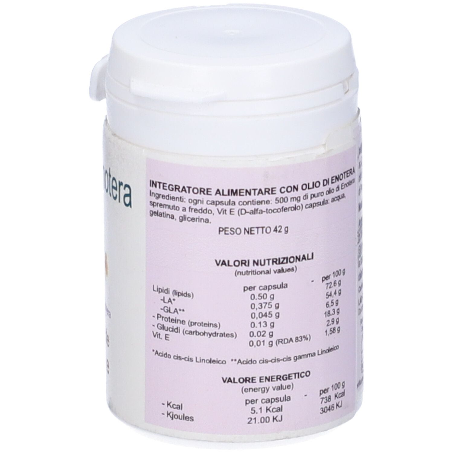 Contenitore Olio di Enotera. Testo: Integratore alimentare, informazioni nutrizionali, peso netto 42 g.