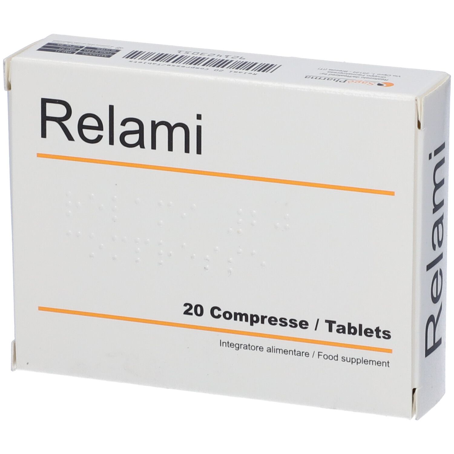 Scatola bianca con scritta Relami. Scritto: 20 Compresse / Tablets. Integratore alimentare.