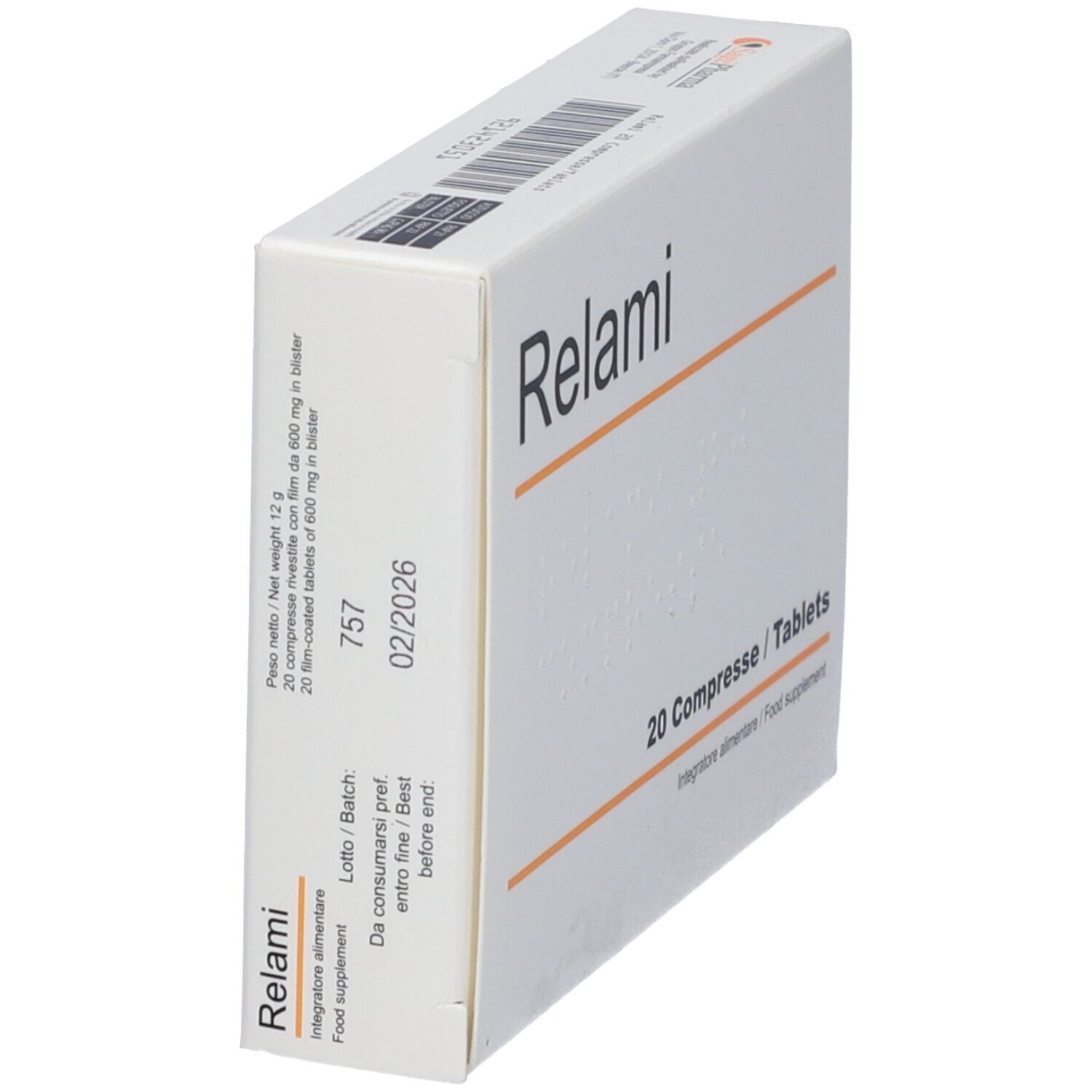 Scatola bianca con scritta Relami. Scritto: 20 Compresse / Tablets. Integratore alimentare. Codice a barre.