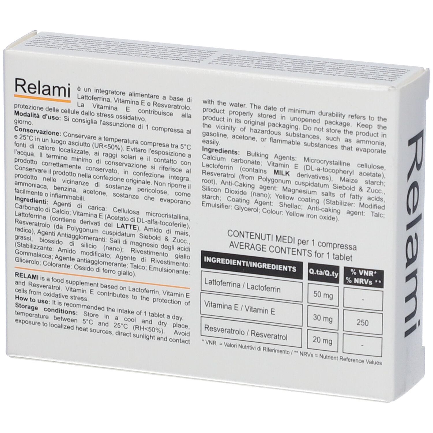 Scatola bianca con scritta Relami. Scritto: 20 Compresse / Tablets. Integratore alimentare. Ingredienti sul retro.