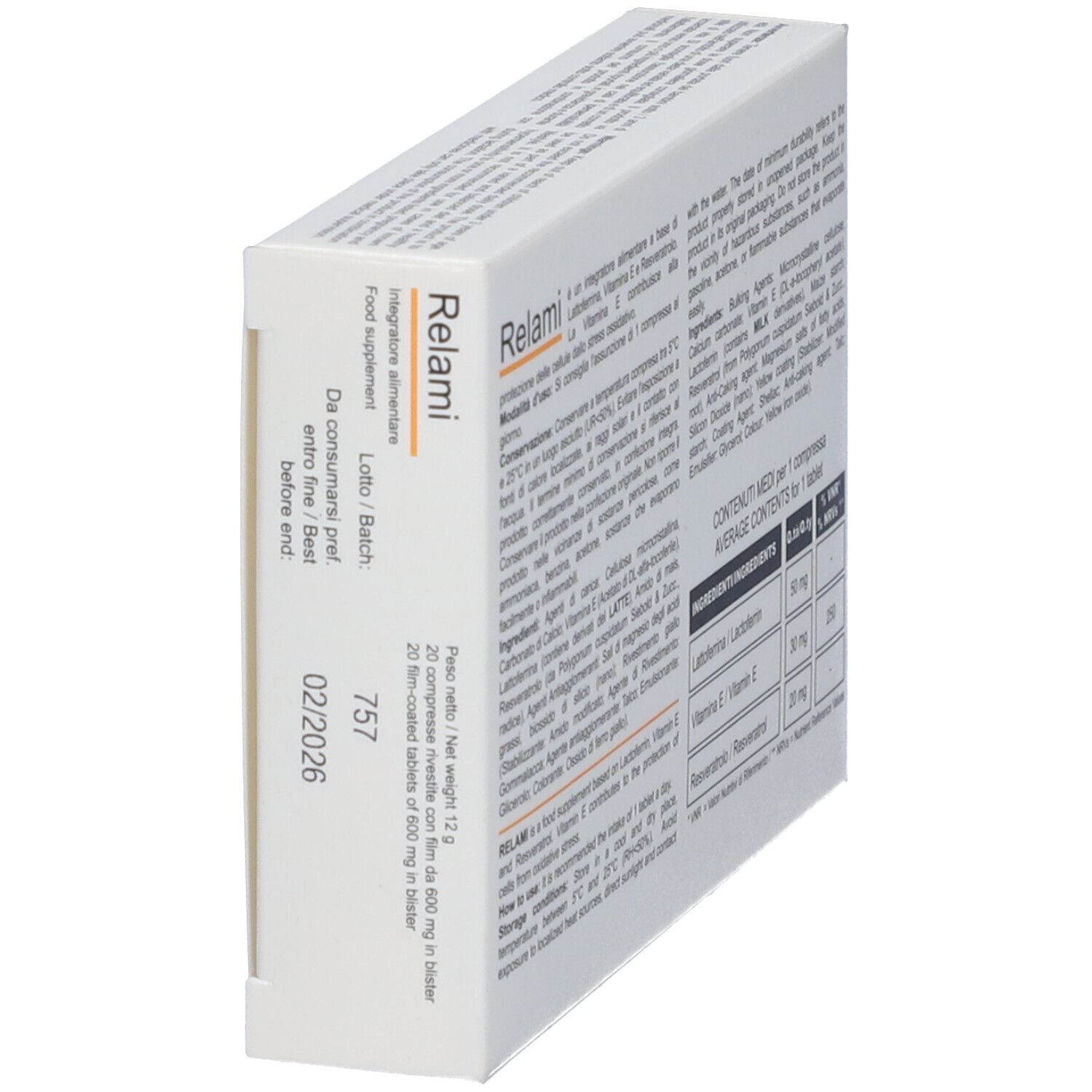 Scatola bianca con scritta Relami. Scritto: 20 Compresse / Tablets. Integratore alimentare. Ingredienti sul retro.