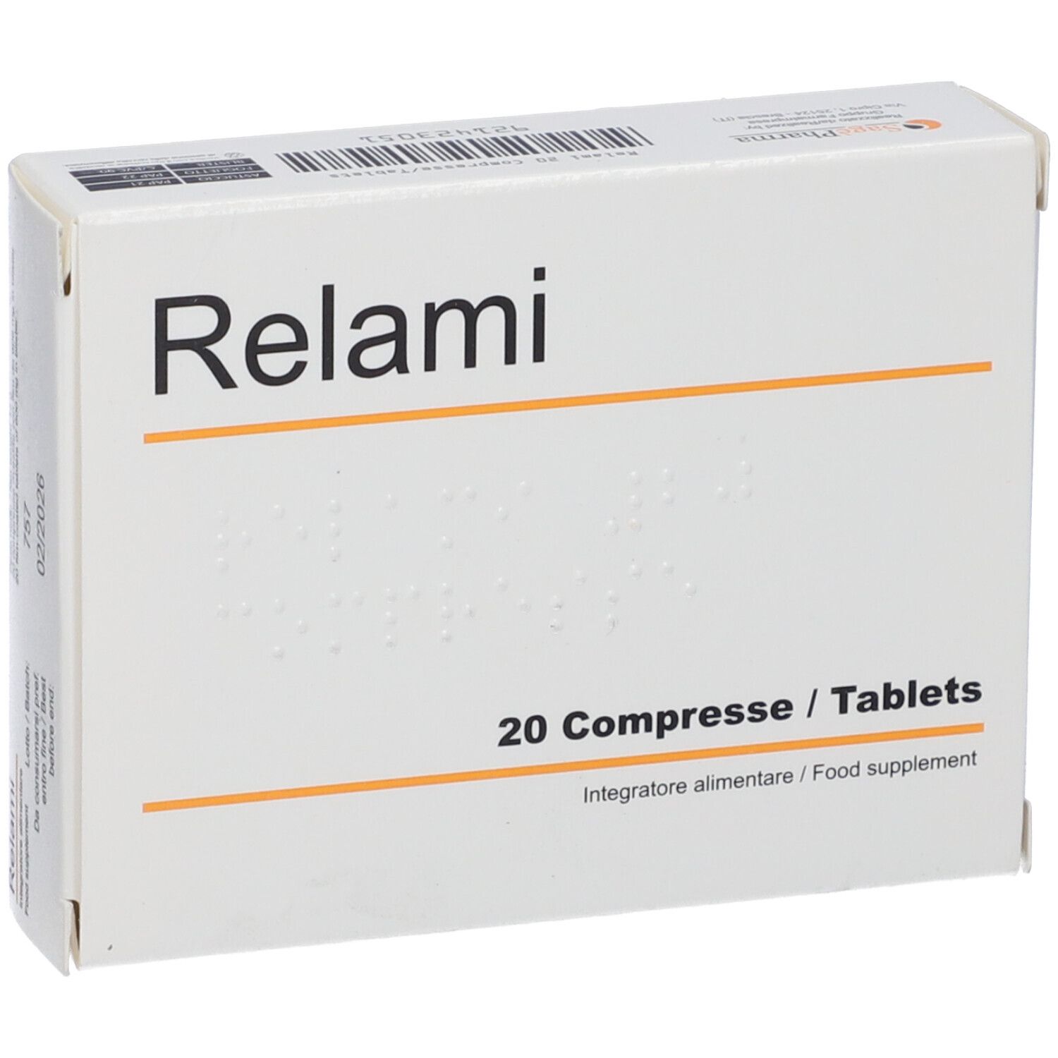 Scatola bianca con scritta Relami e: 20 Compresse / Tablets. Integratore alimentare.