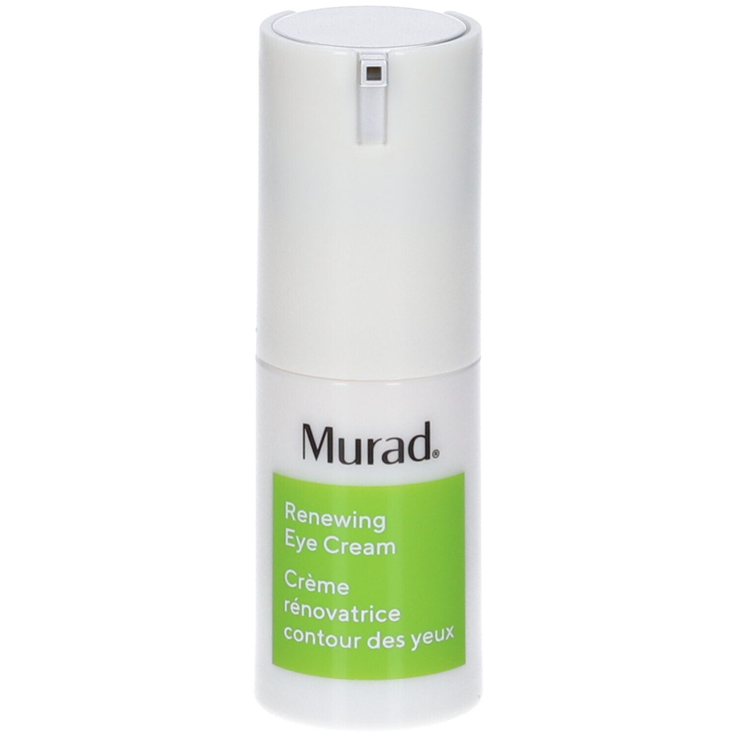 Flacone bianco con etichetta verde. Scritta: Murad Renewing Eye Cream. Erogatore.