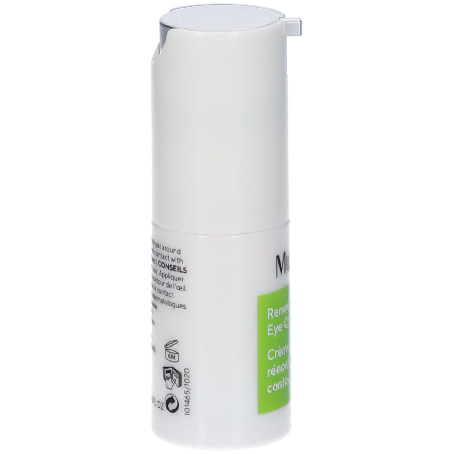 Flacone bianco con etichetta verde. Scritta: Murad Renewing Eye Cream. Erogatore.