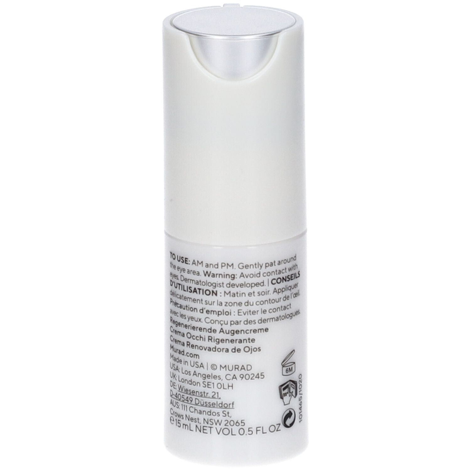 Flacone bianco con etichetta verde. Scritta: Murad Renewing Eye Cream. Erogatore.