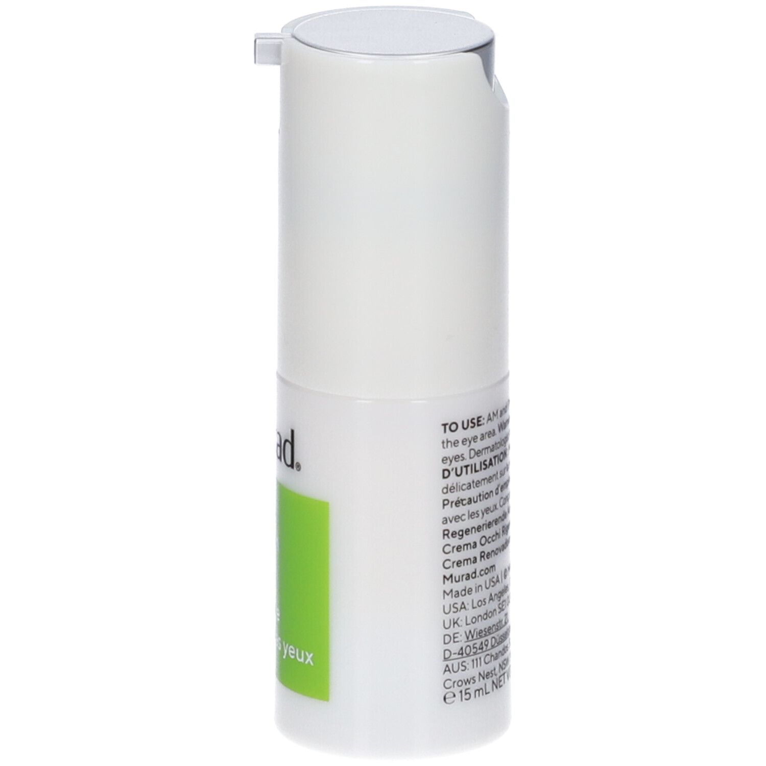 Flacone bianco con etichetta verde. Scritta: Murad Renewing Eye Cream. Erogatore.