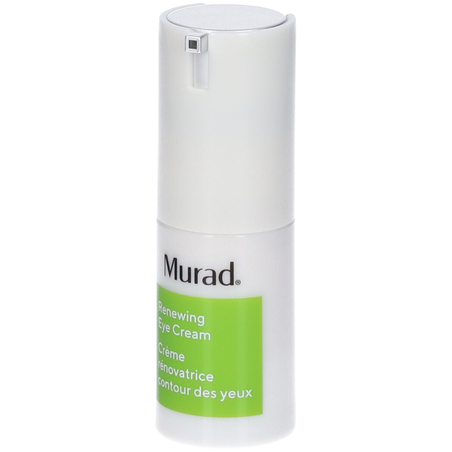 Flacone bianco con etichetta verde. Scritta: Murad Renewing Eye Cream. Erogatore.
