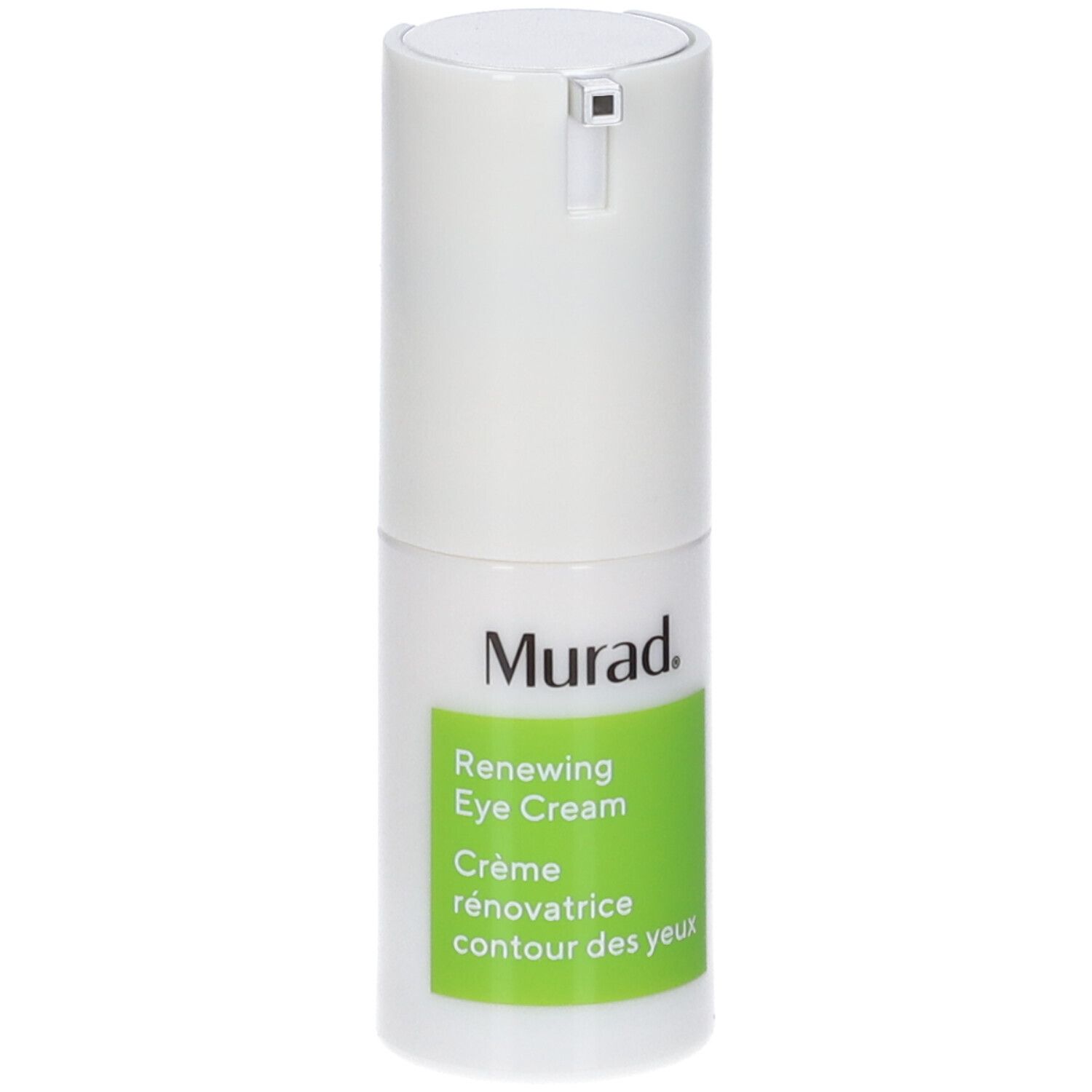 Flacone bianco con etichetta verde. Scritta: Murad Renewing Eye Cream. Erogatore.
